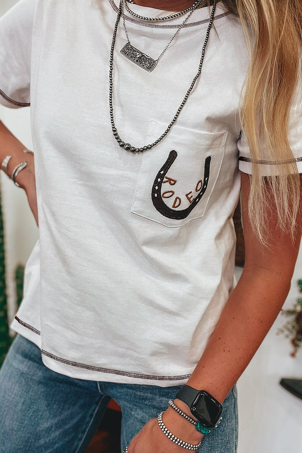 White RODEO Horseshoe Embroidered Patch Pocket Tee