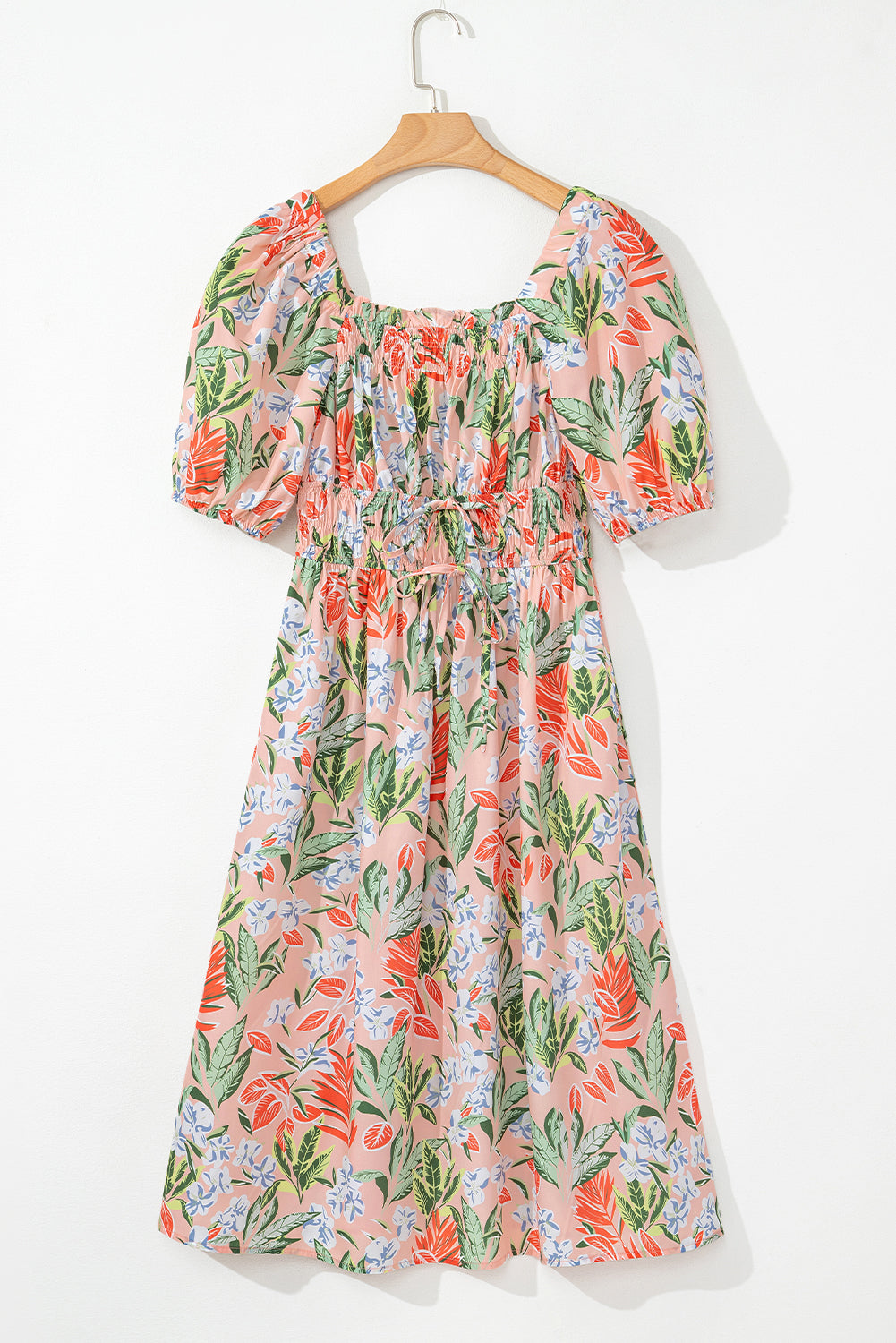 Apricot Pink Floral Knot Front Smocked Bubble Sleeve Dress