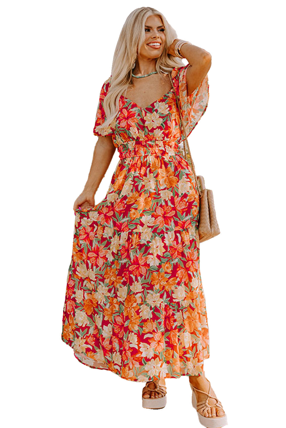 Orange Plus Size Floral V Neck Cinched Waist Maxi Dress