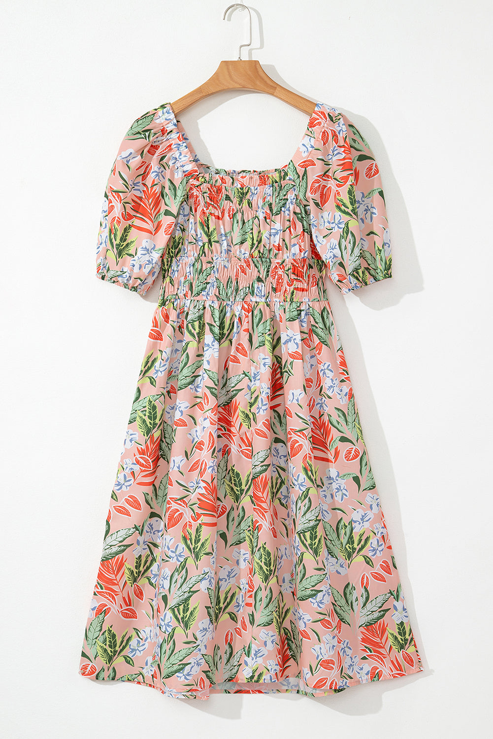Apricot Pink Floral Knot Front Smocked Bubble Sleeve Dress