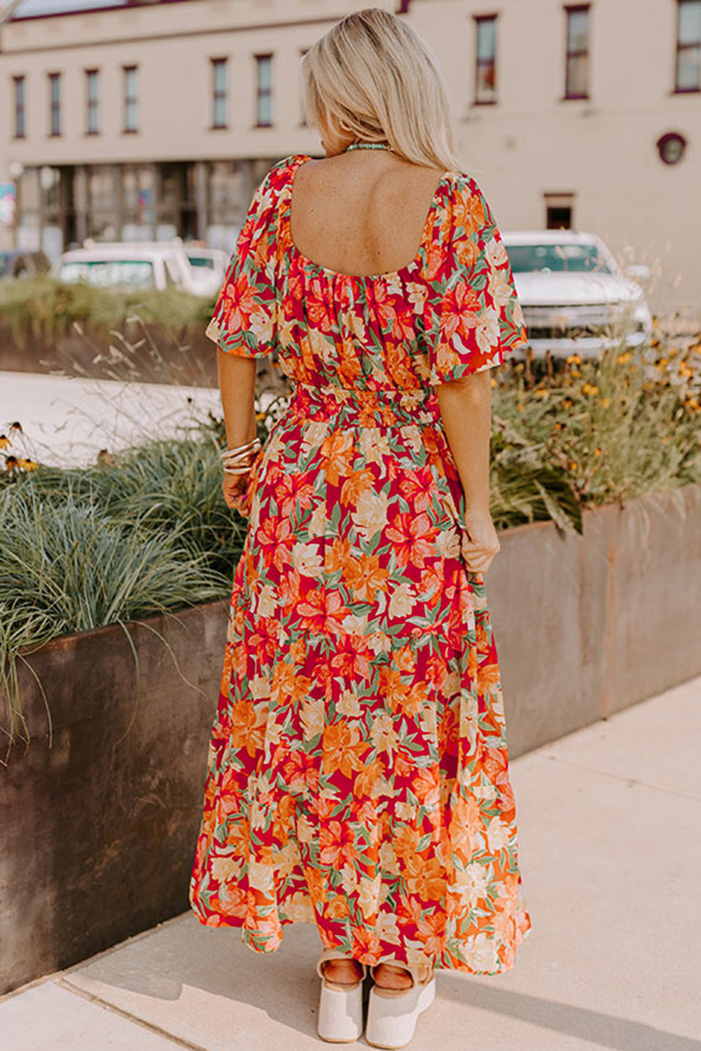 Orange Plus Size Floral V Neck Cinched Waist Maxi Dress