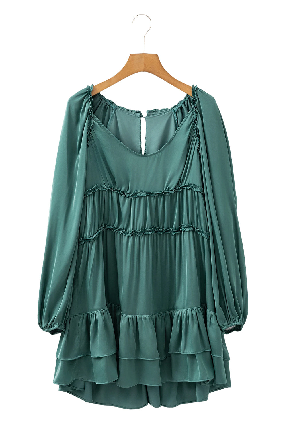 Mist Green Puff Sleeve Loose Fit Tiered Ruffle Mini Dress