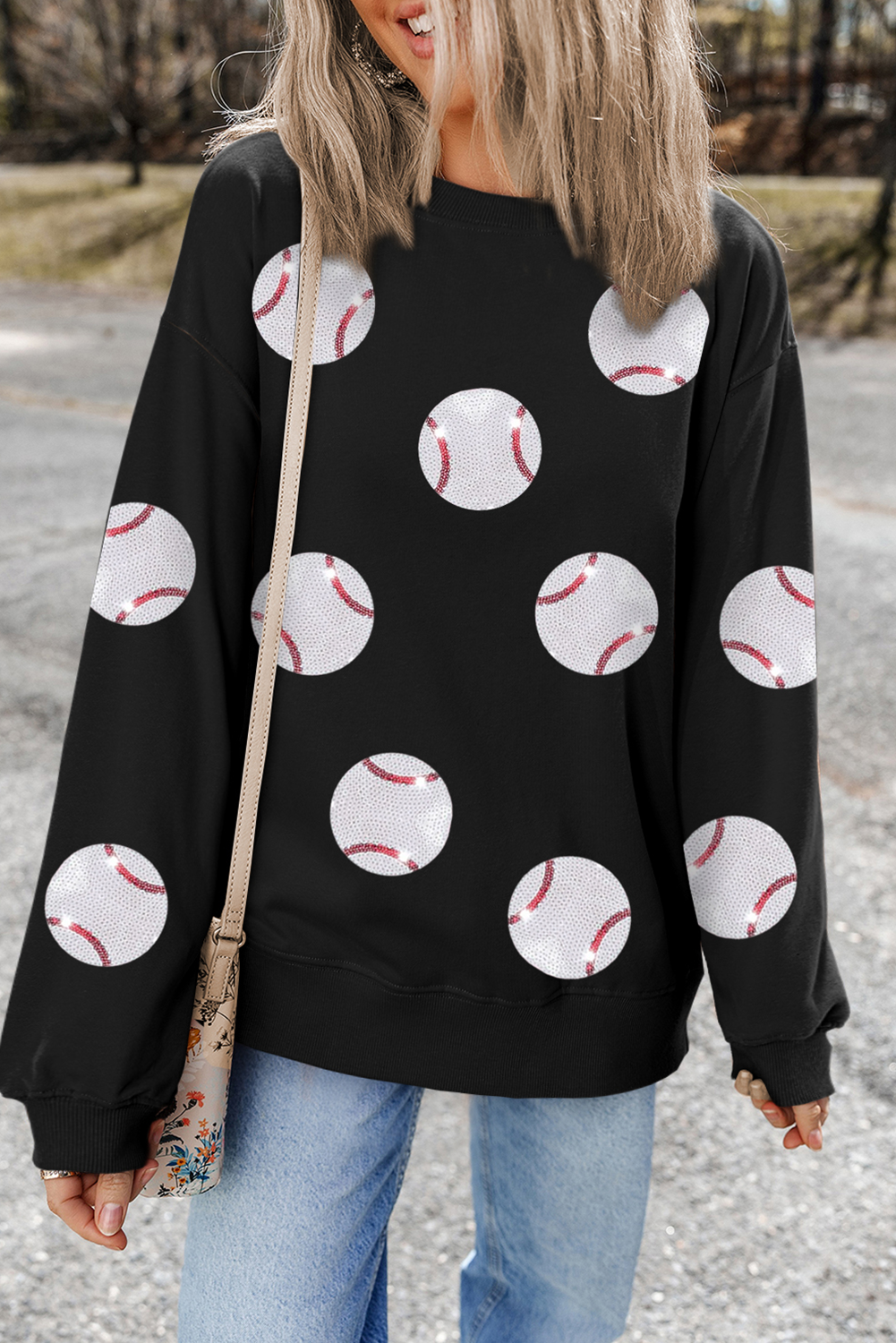 Black Sequin Baseball Patched Graphic Drop Shoulder Sweatshirt