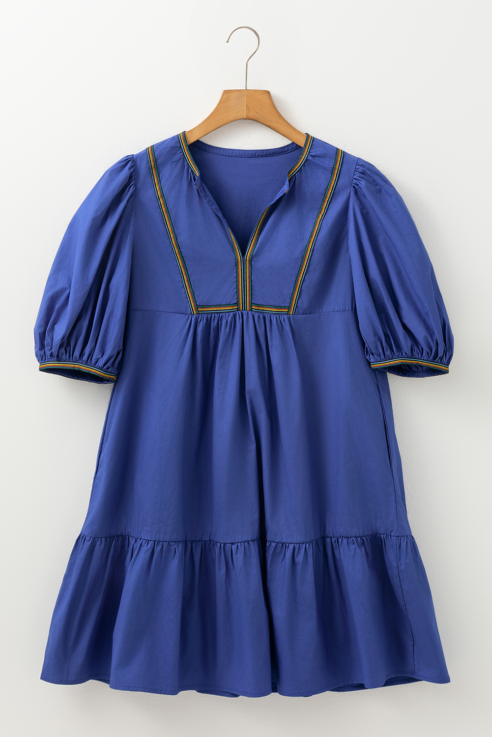 Bluing V-Neck Short Sleeve Pleated Mini Dress