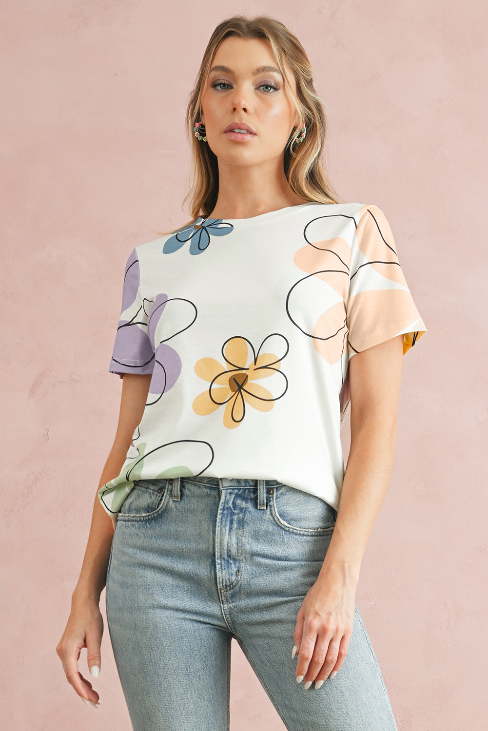 Beige Summer Flower Print Round Neck T Shirt