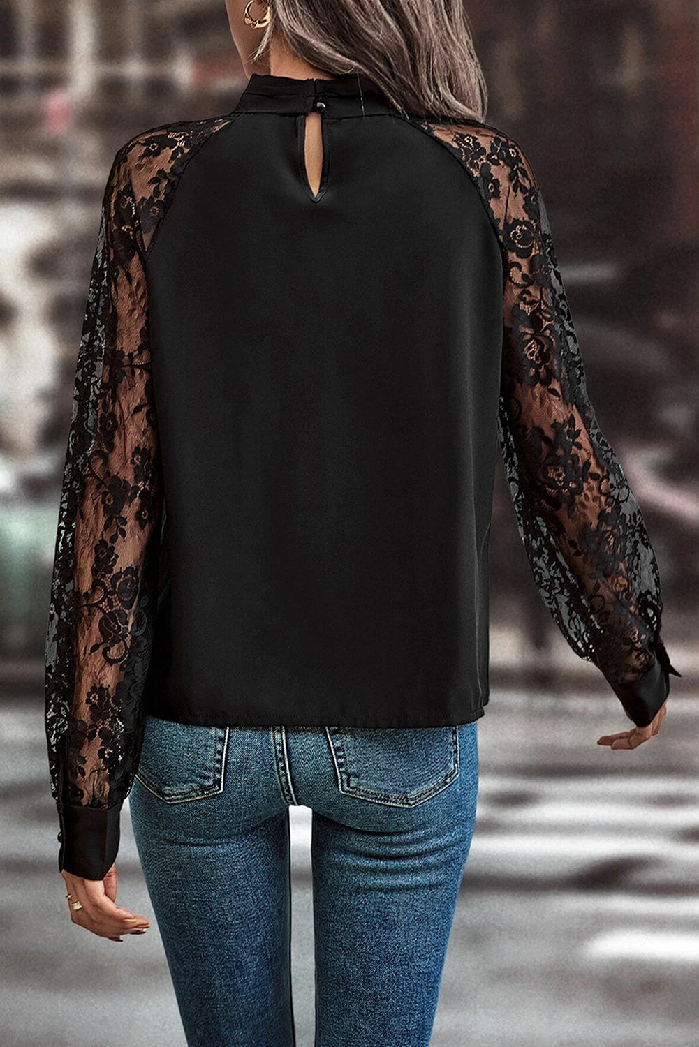 Black Keyhole Neckline Lace Splicing Raglan Sleeve Blouse