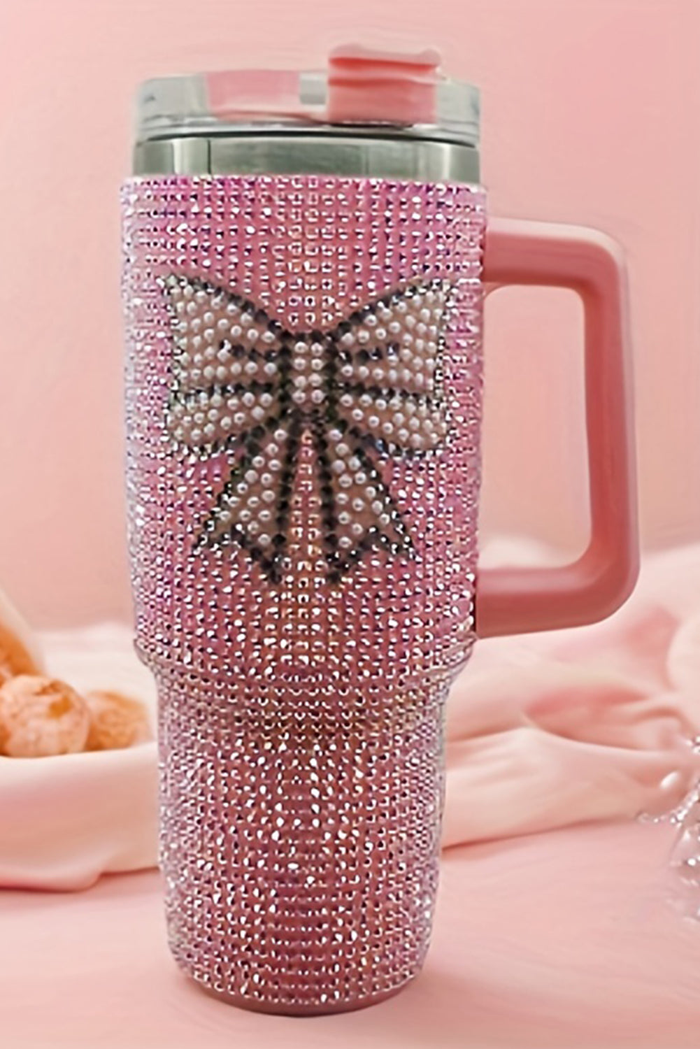 Pink Sweet Rhinestone Bow Tumbler Cup with Straw and Handle