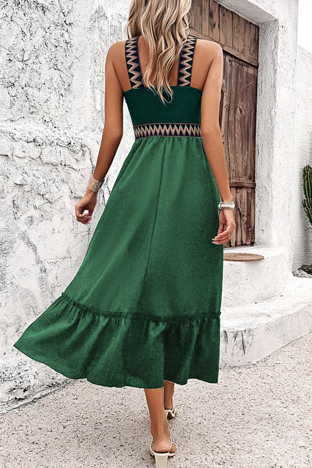 Evergreen Geometric Contrast Criss Cross Tiered Midi Dress