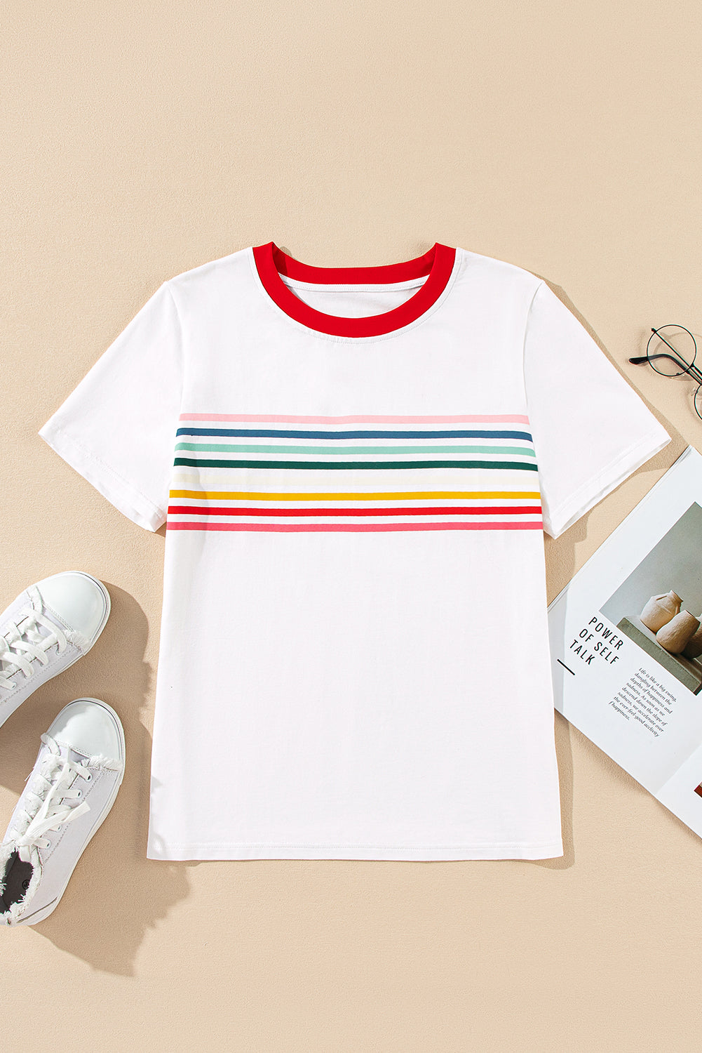 White Rainbow Stripe Print Crewneck T Shirt