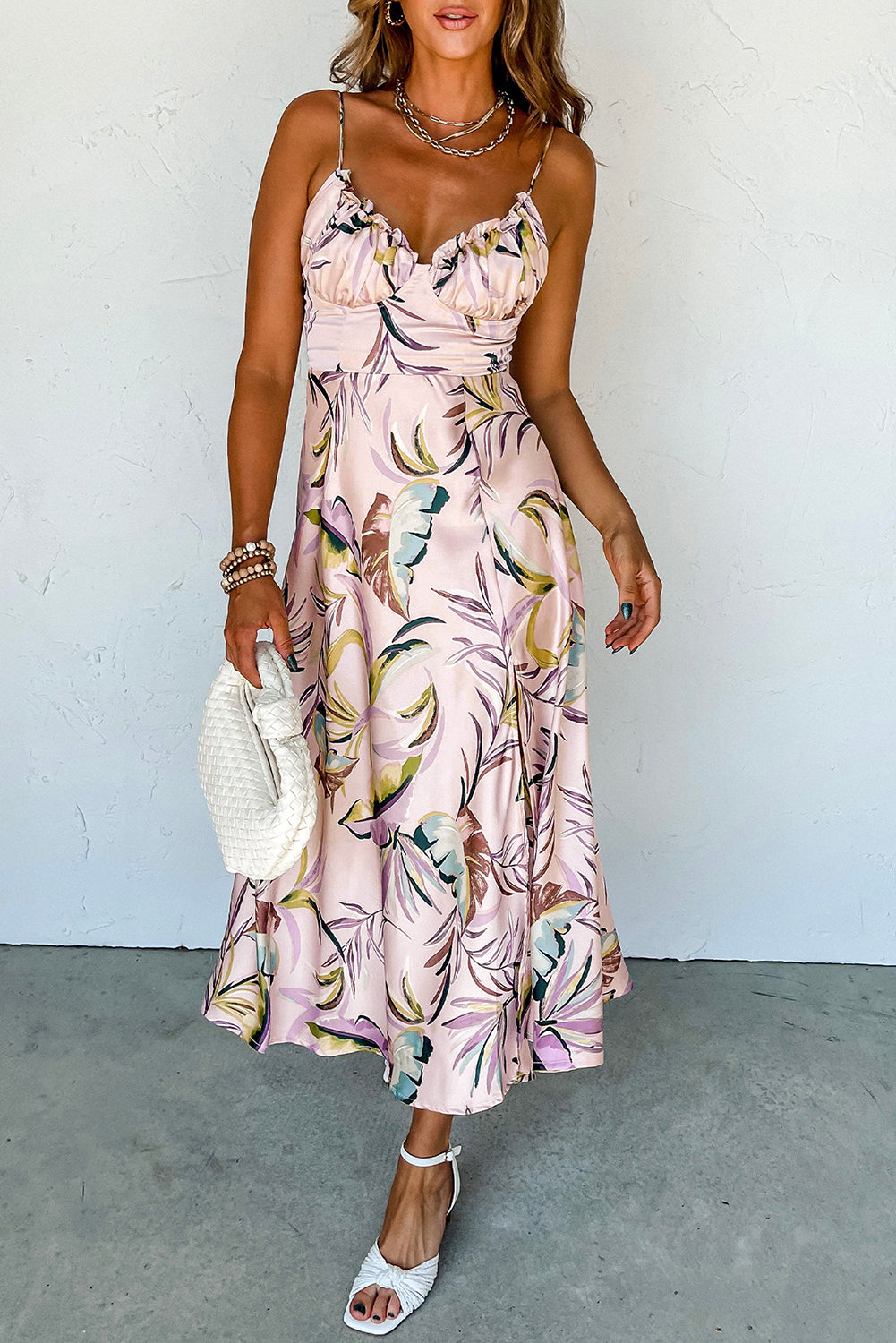 Apricot Tropical Print Spaghetti Straps Cupped Dress