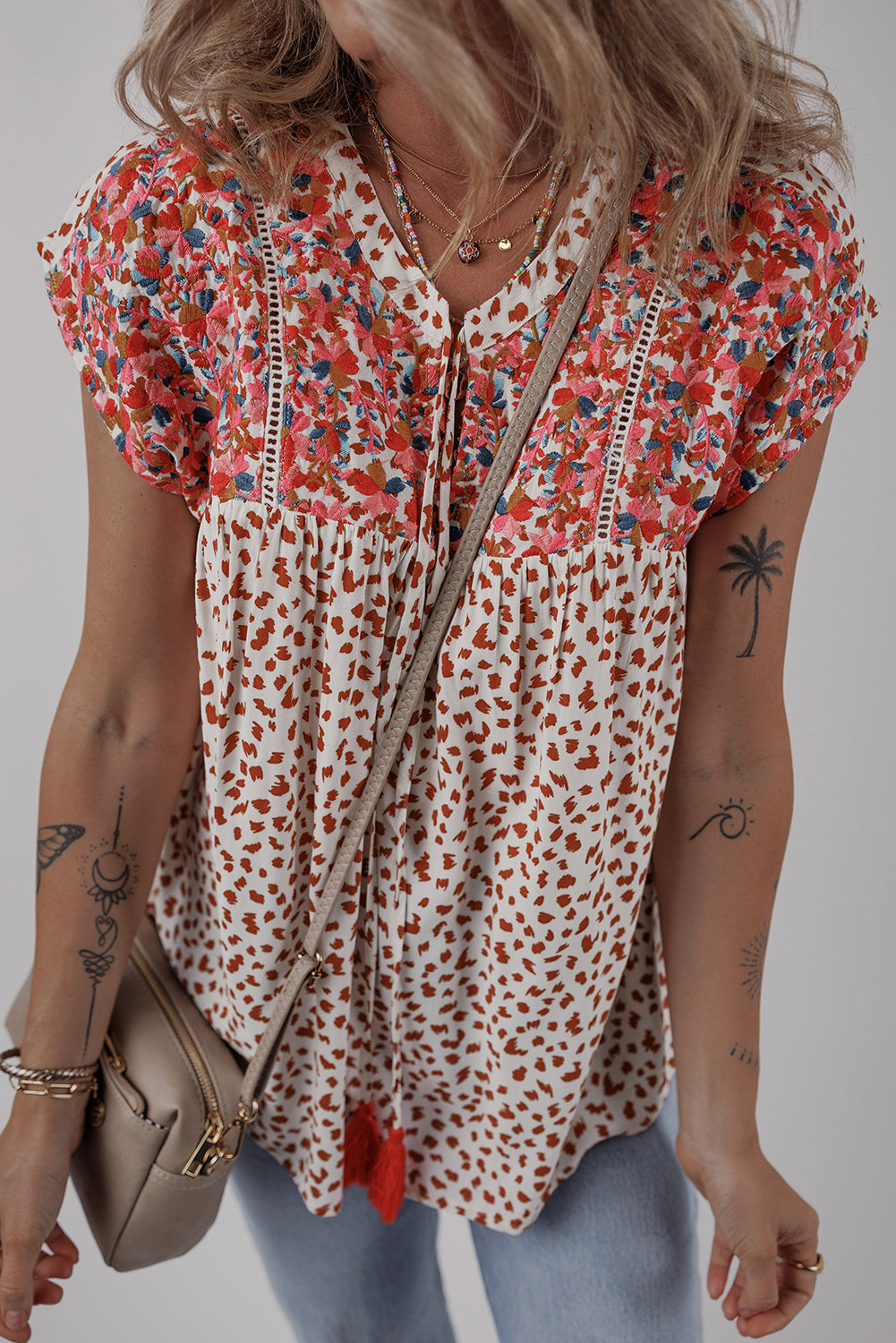 Red Abstract Print Embroidery Tie Split Neck Blouse