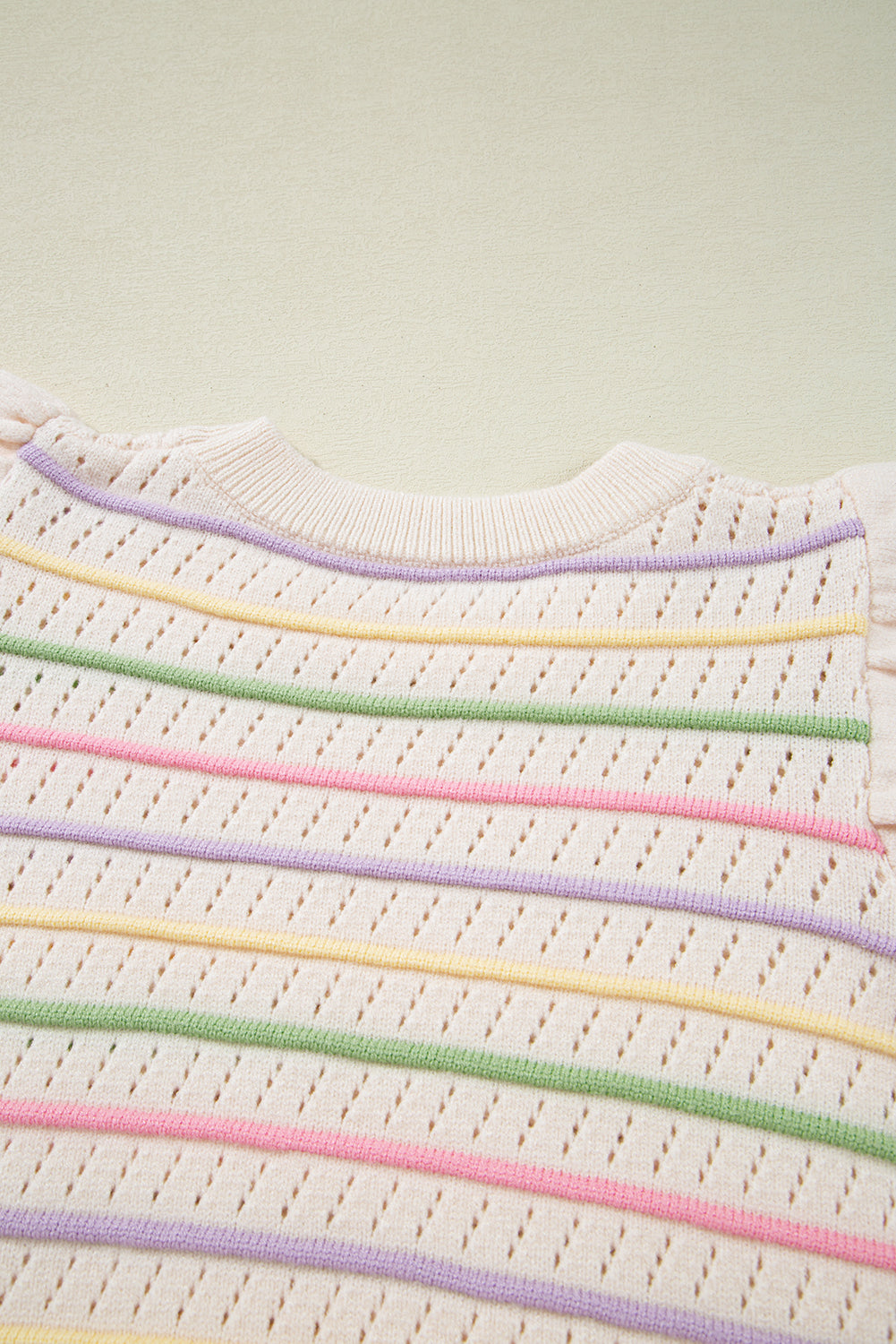 Oatmeal Colorful Striped Eyelet Knit Ruffled Sleeve Sweater T Shirt