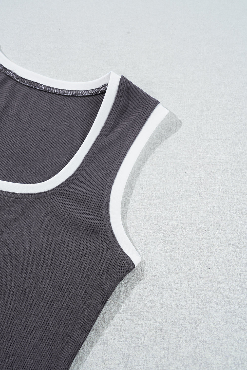 Carbon Grey Ribbed Knit Contrast Edge U Neck Slim Fit Tank Top