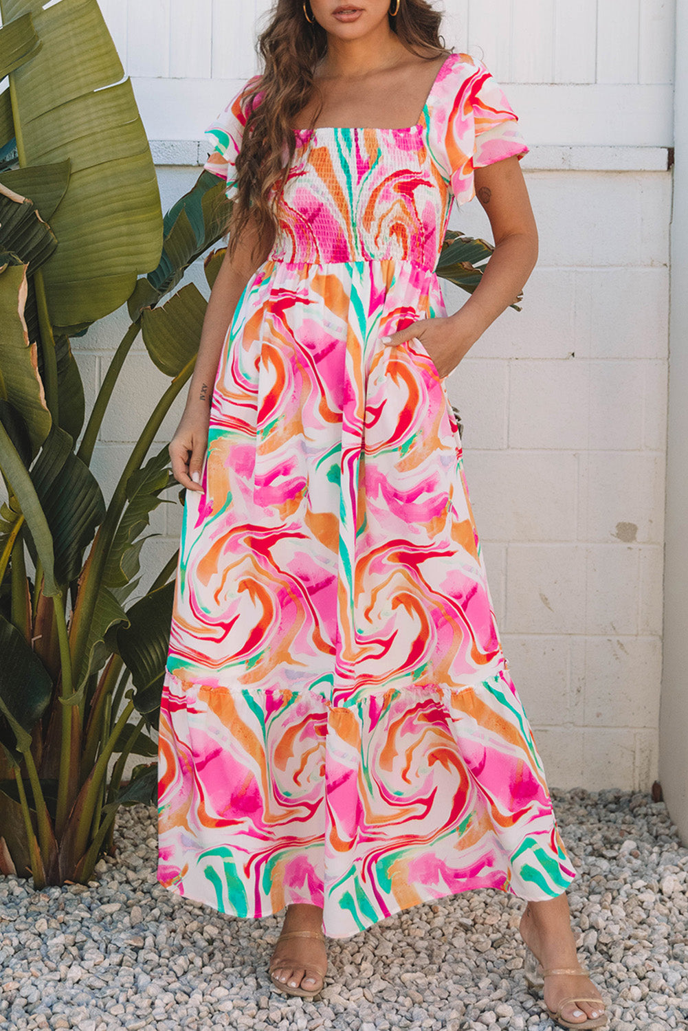 Pink Abstract Print Ruffled Sleeve Smocked Bust Maxi Dress