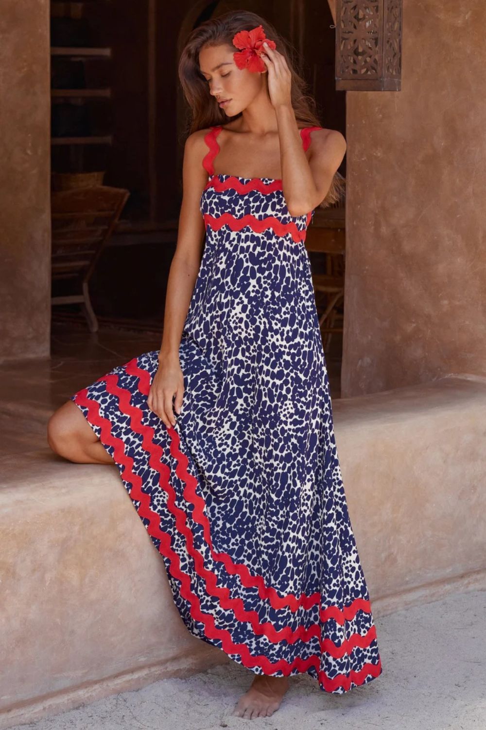 Printed Square Neck Wide Strap Maxi Dress