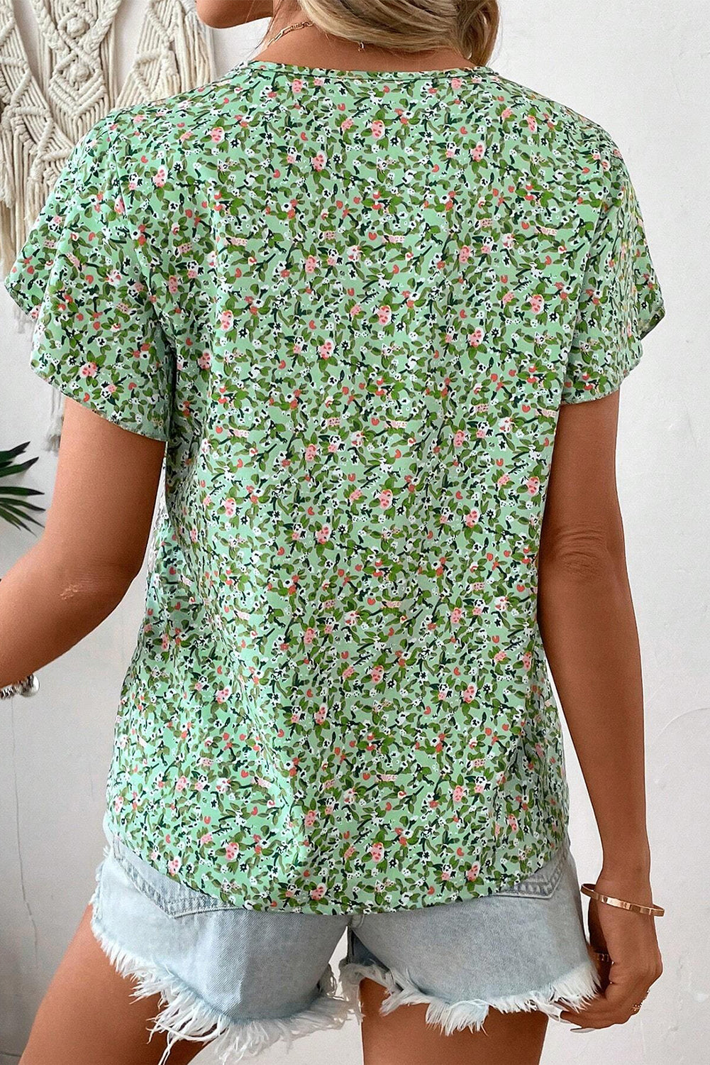 Green Boho Floral V Neck Short Sleeve Blouse