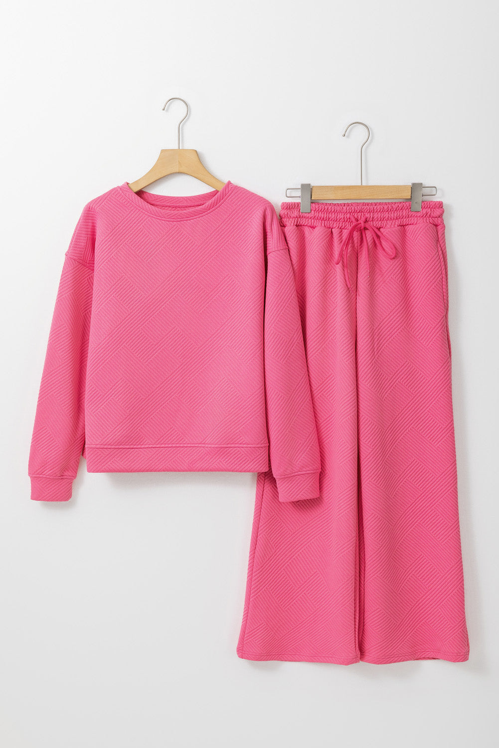 Strawberry Pink Textured Loose Slouchy Long Sleeve Top and Pants Set