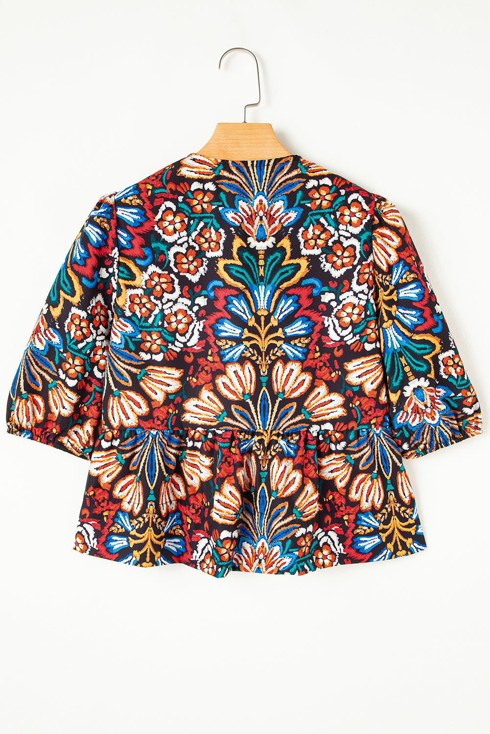 Black Bohemian Tropical Print Front Tie V-Neck Bubble Sleeve Blouse