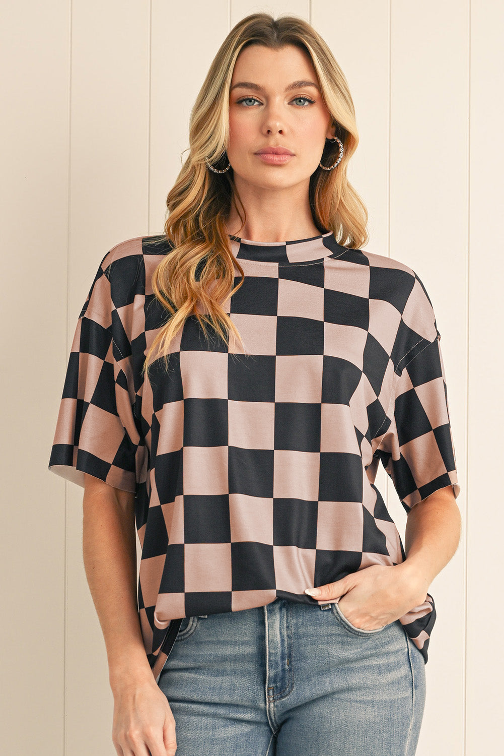 Light Beige Two Tone Checkered Crew Neck Loose T Shirt