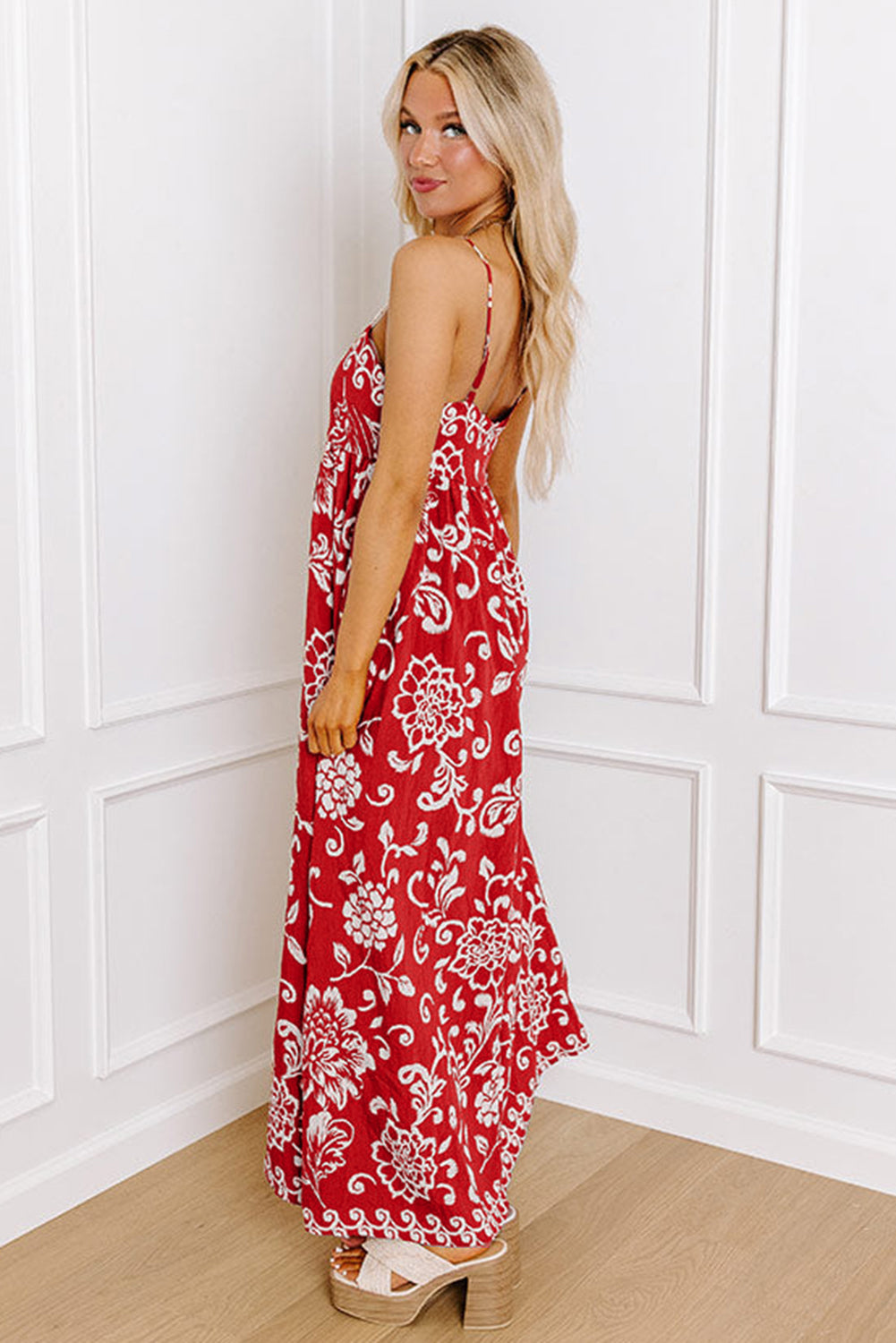 Red Floral Print Spaghetti Strap Empire Waist Maxi Dress