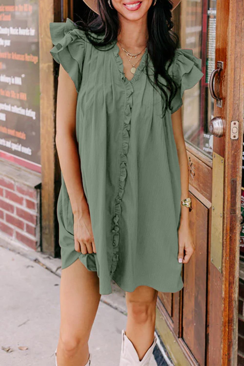 Mist Green Ruffle Trim Sleeve V Neck Pocketed Mini Dress