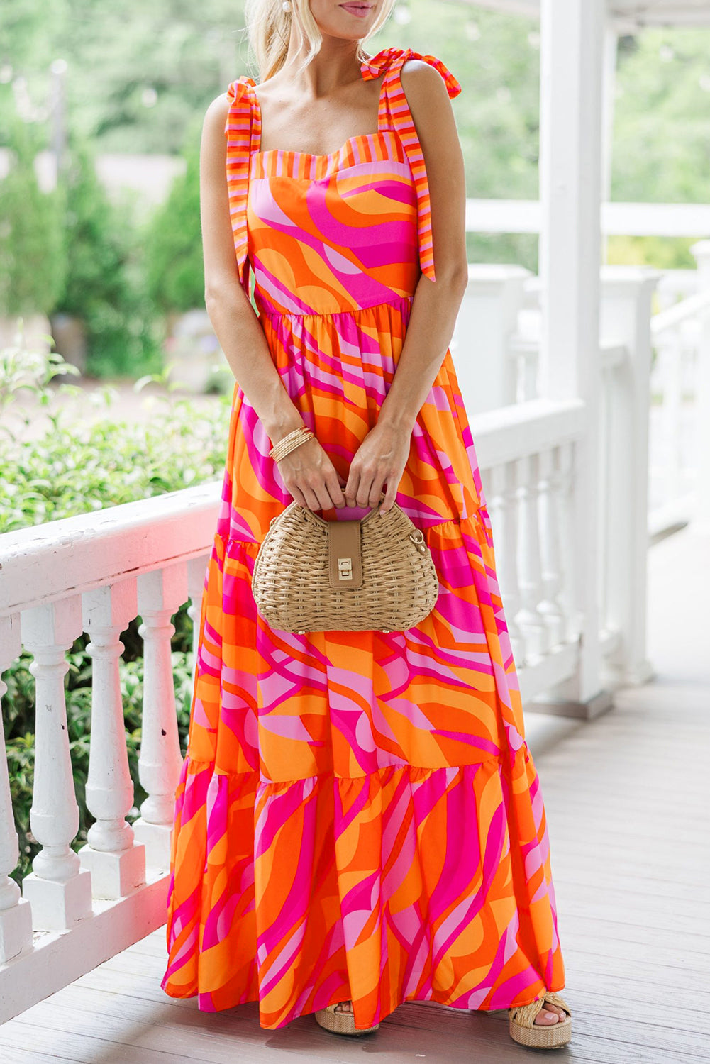 Red Abstract Print Knotted Shoulder High Waist Maxi Dress