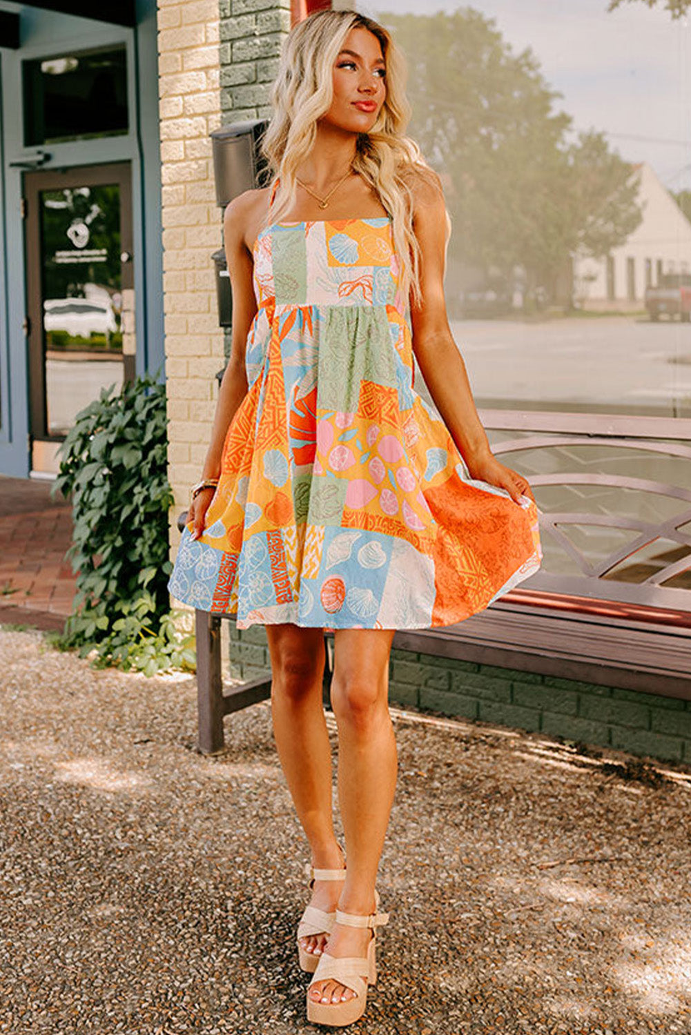 Orange Shell Print Patchwork Backless Flowy Dress