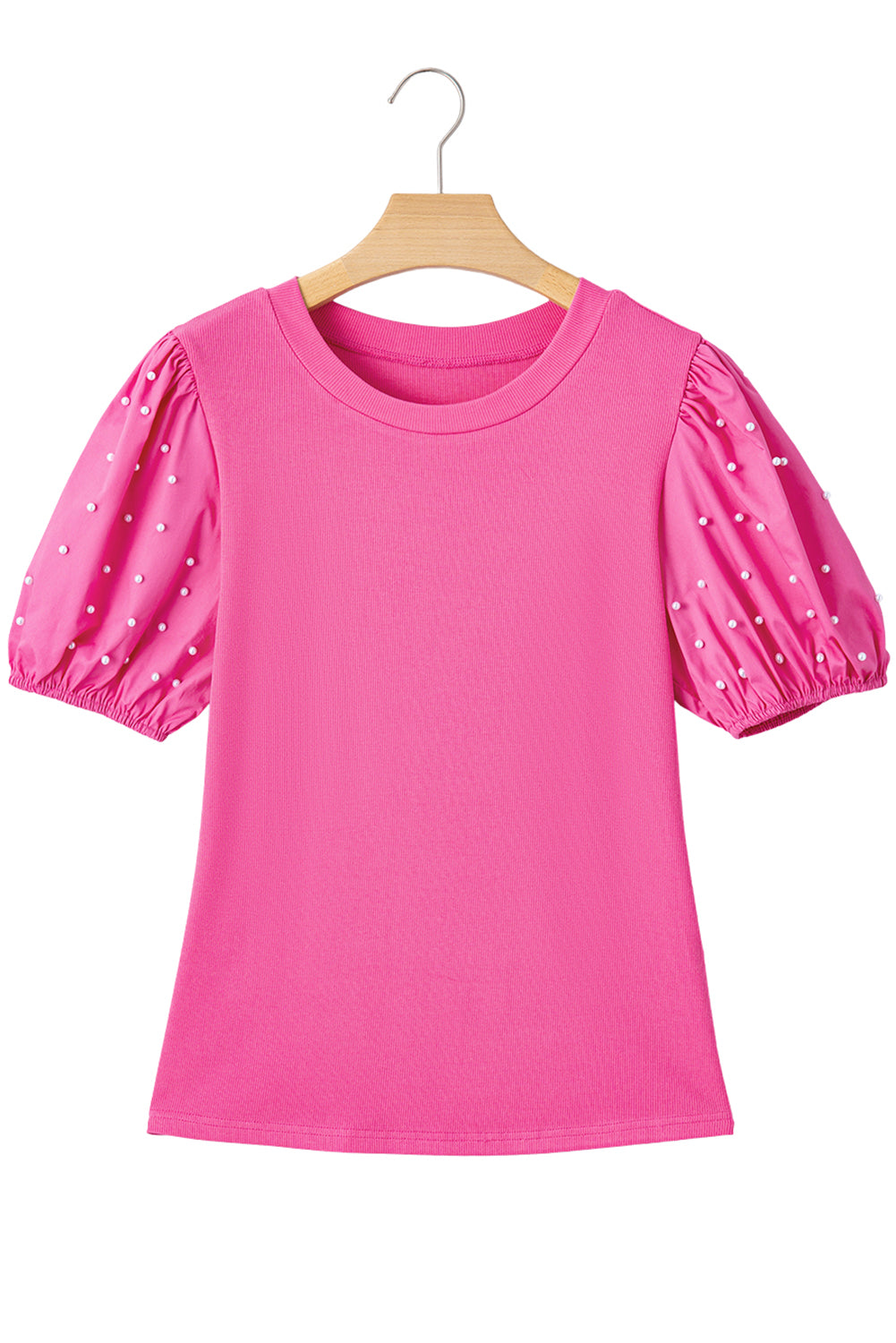 Bright Pink Pearl Beaded Puff Sleeve Ribbed Top