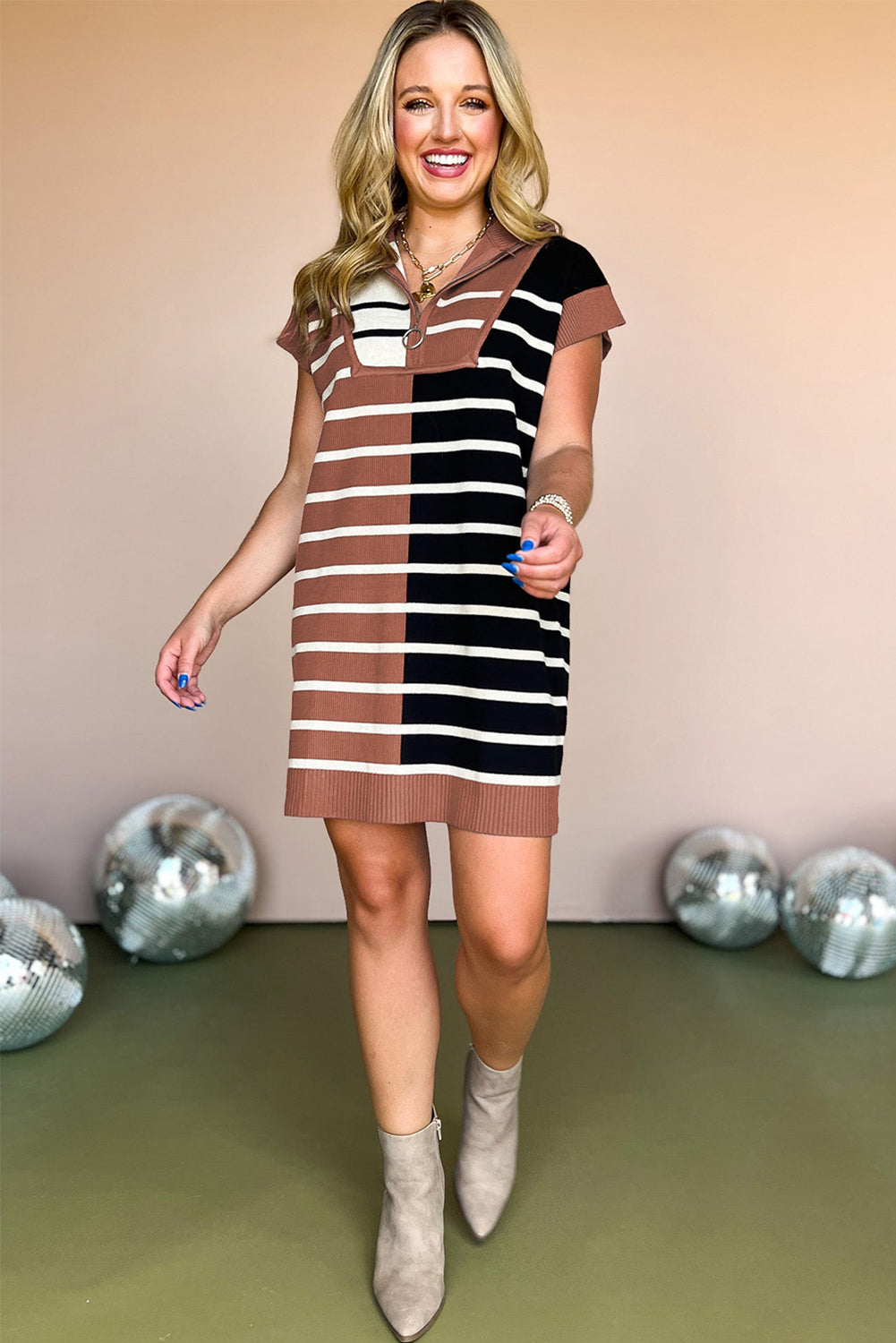 Khaki Stripe Color Block Short Sleeve Quarter Zip Mini Dress