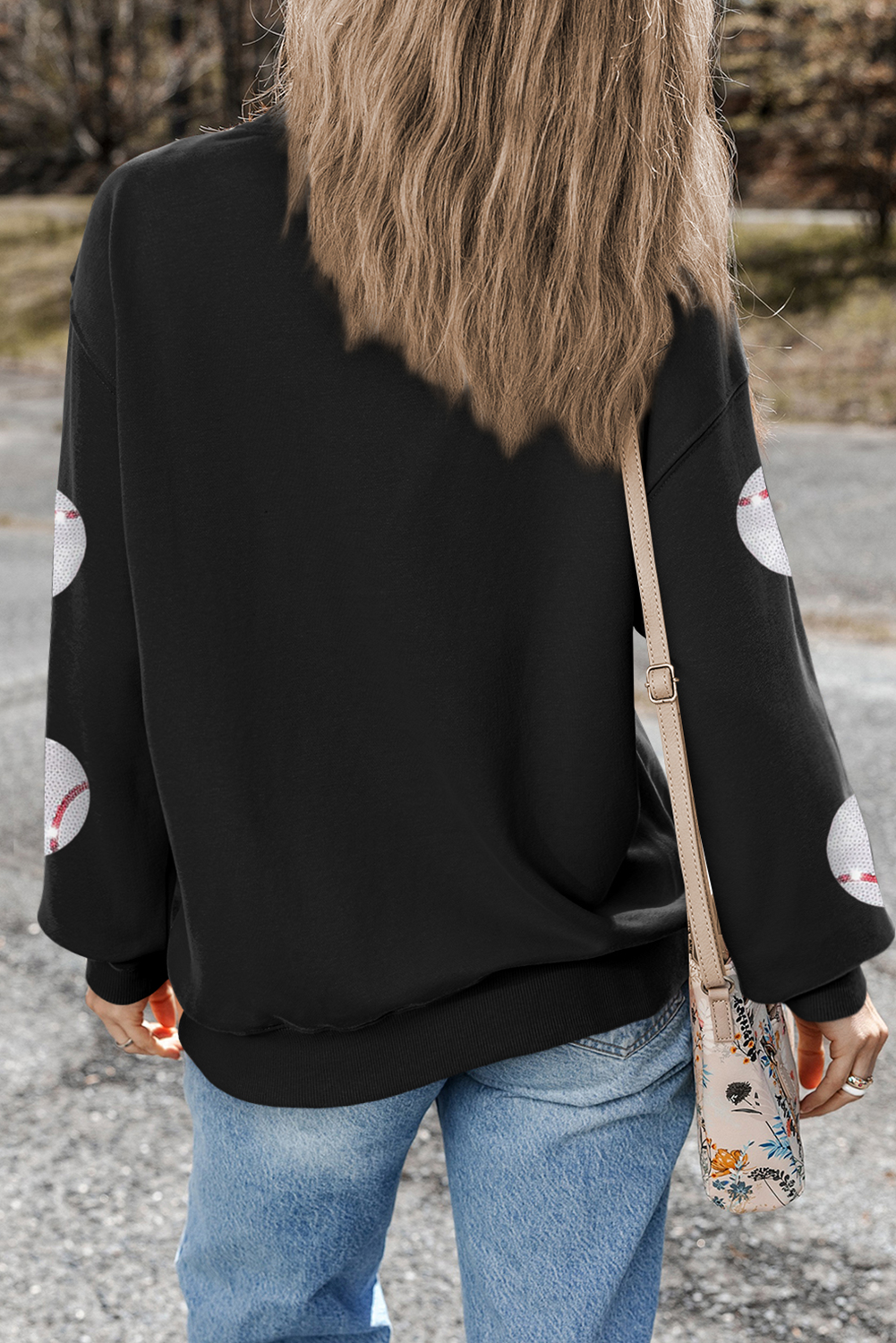 Black Sequin Baseball Patched Graphic Drop Shoulder Sweatshirt