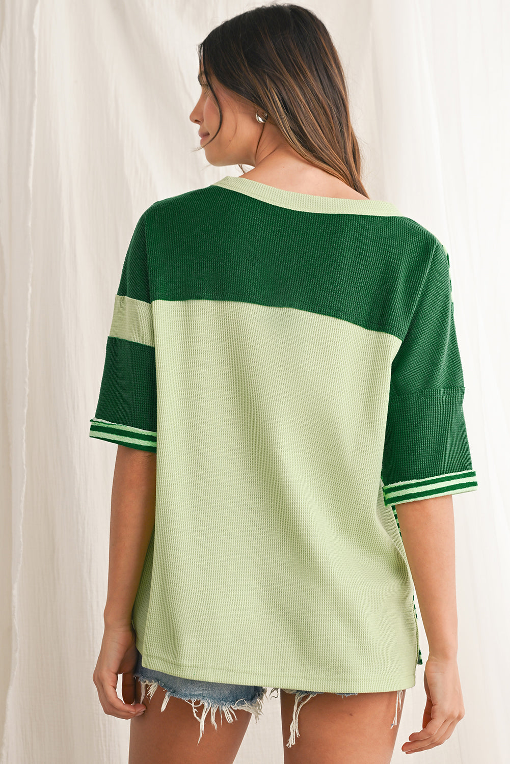 Mint Green Striped Patchwork Half Sleeve T Shirt