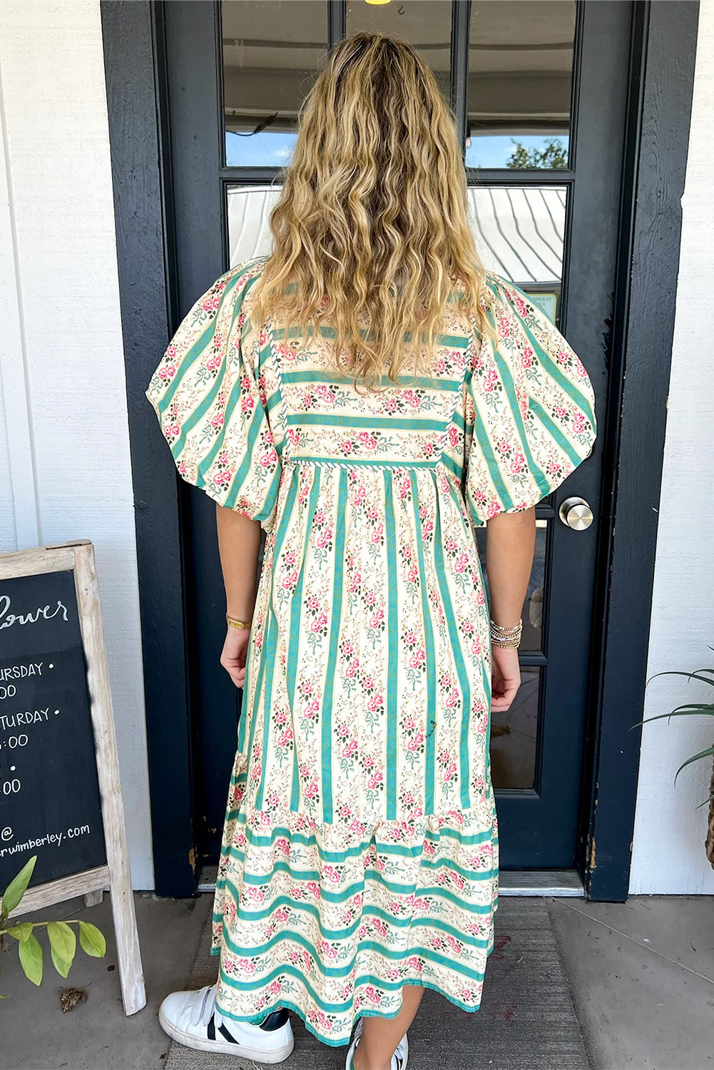 Multicolor Boho Floral Striped Tie V Neck Long Dress