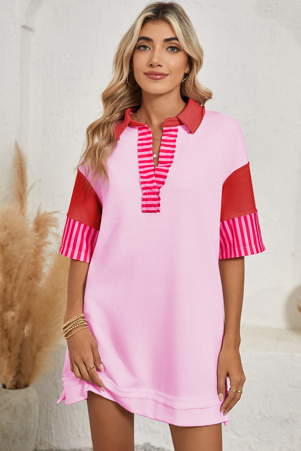 Pink Stripe Colorblock Sleeve Collared Mini Dress