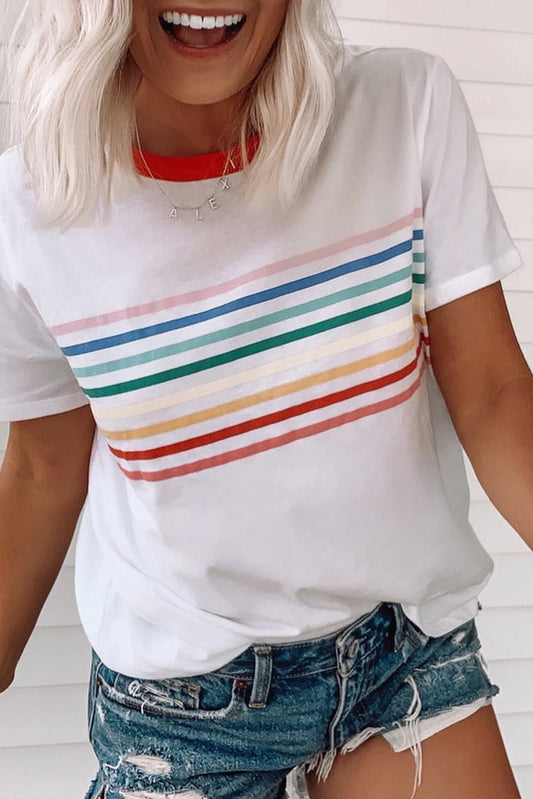 White Rainbow Stripe Print Crewneck T Shirt