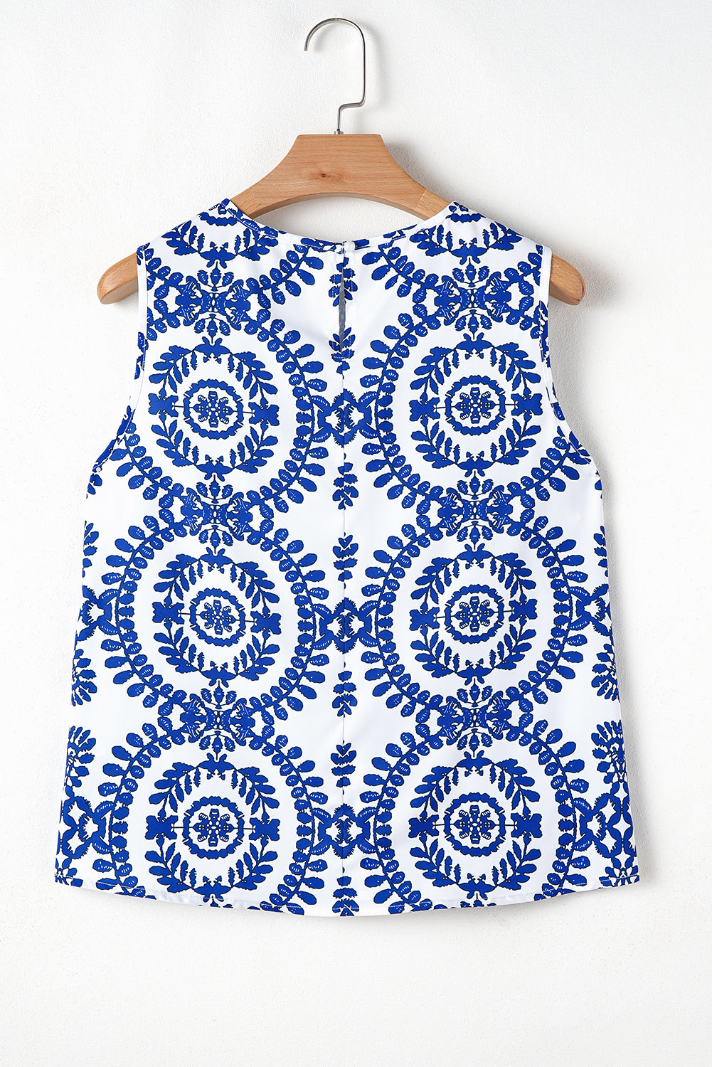 Blue Boho Geometric Print Pleated Sleeveless Top