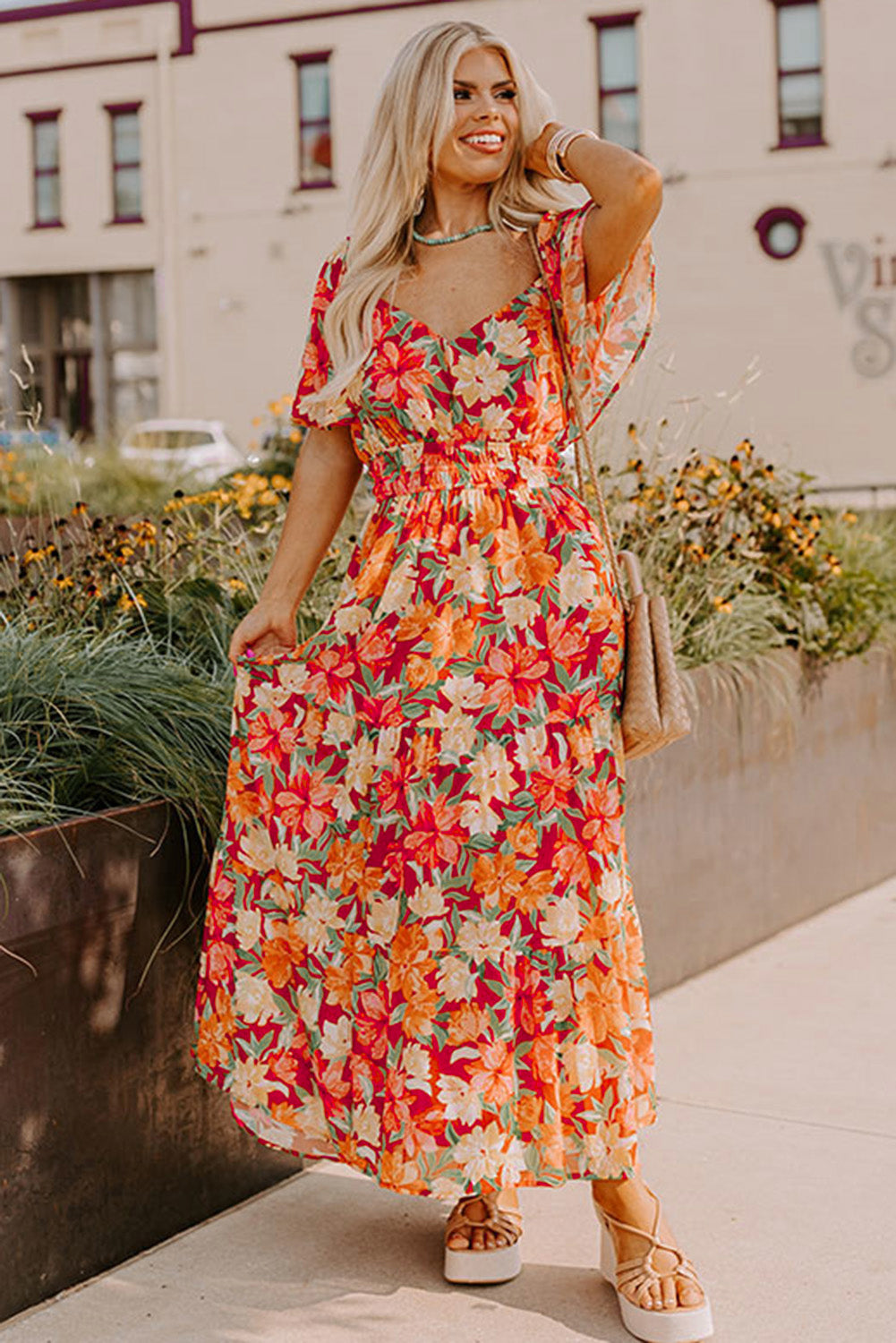 Orange Plus Size  Floral V Neck Cinched Waist Maxi Dress