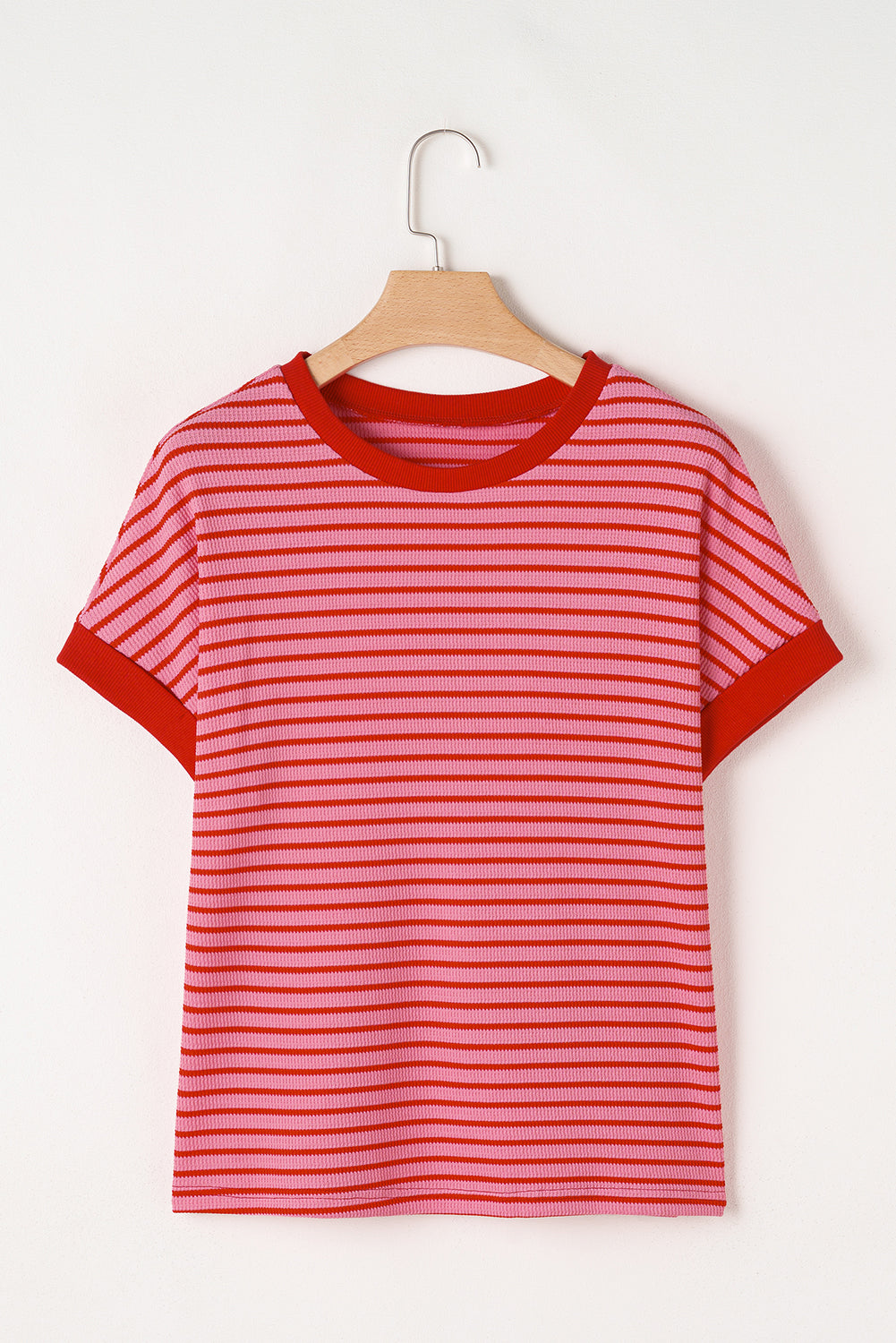 Pink Stripe Knitted Round Neck T Shirt