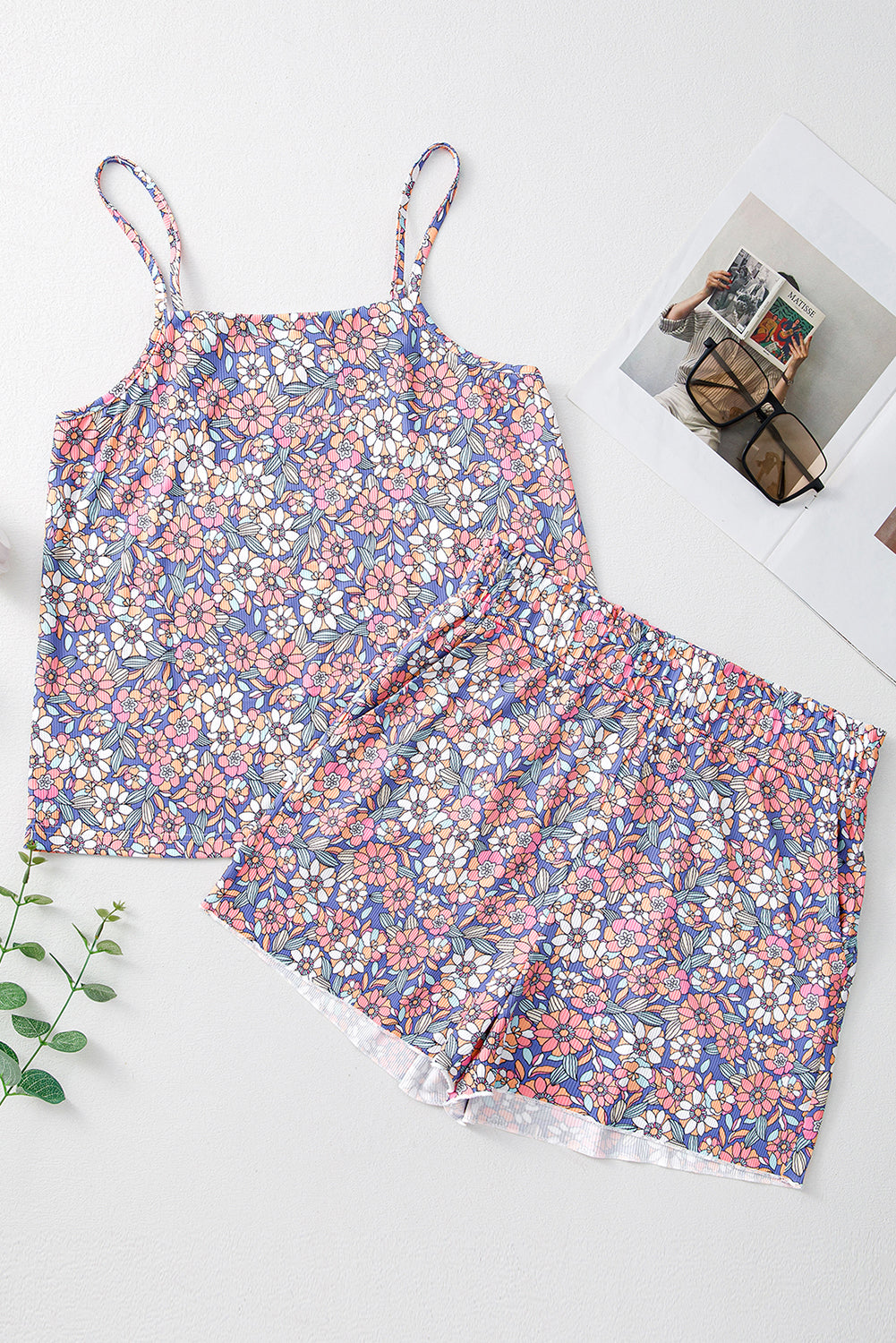 Sky Blue Floral Print Camisole and Shorts Set