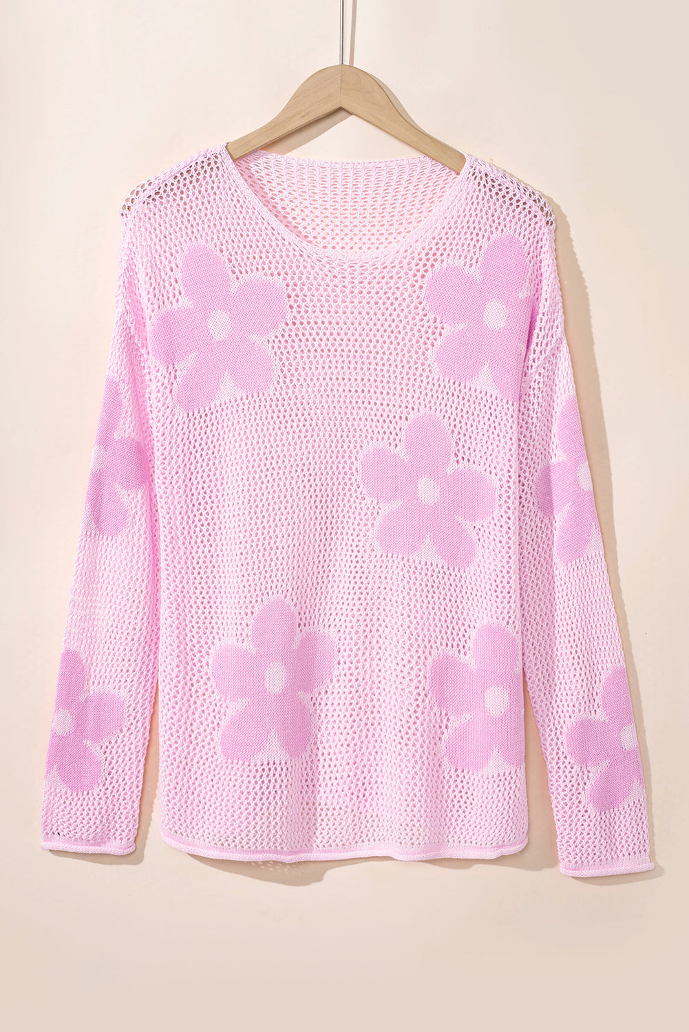 Light Pink Flower Drop Shoulder Hollow Knit Top