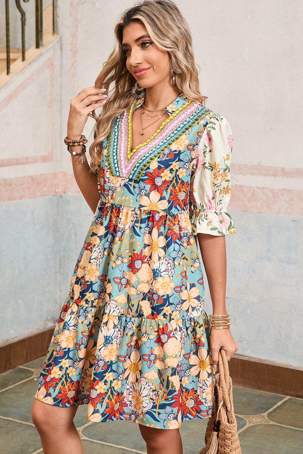 Multicolor Allover Floral Print V Neck Tiered Mini Dress