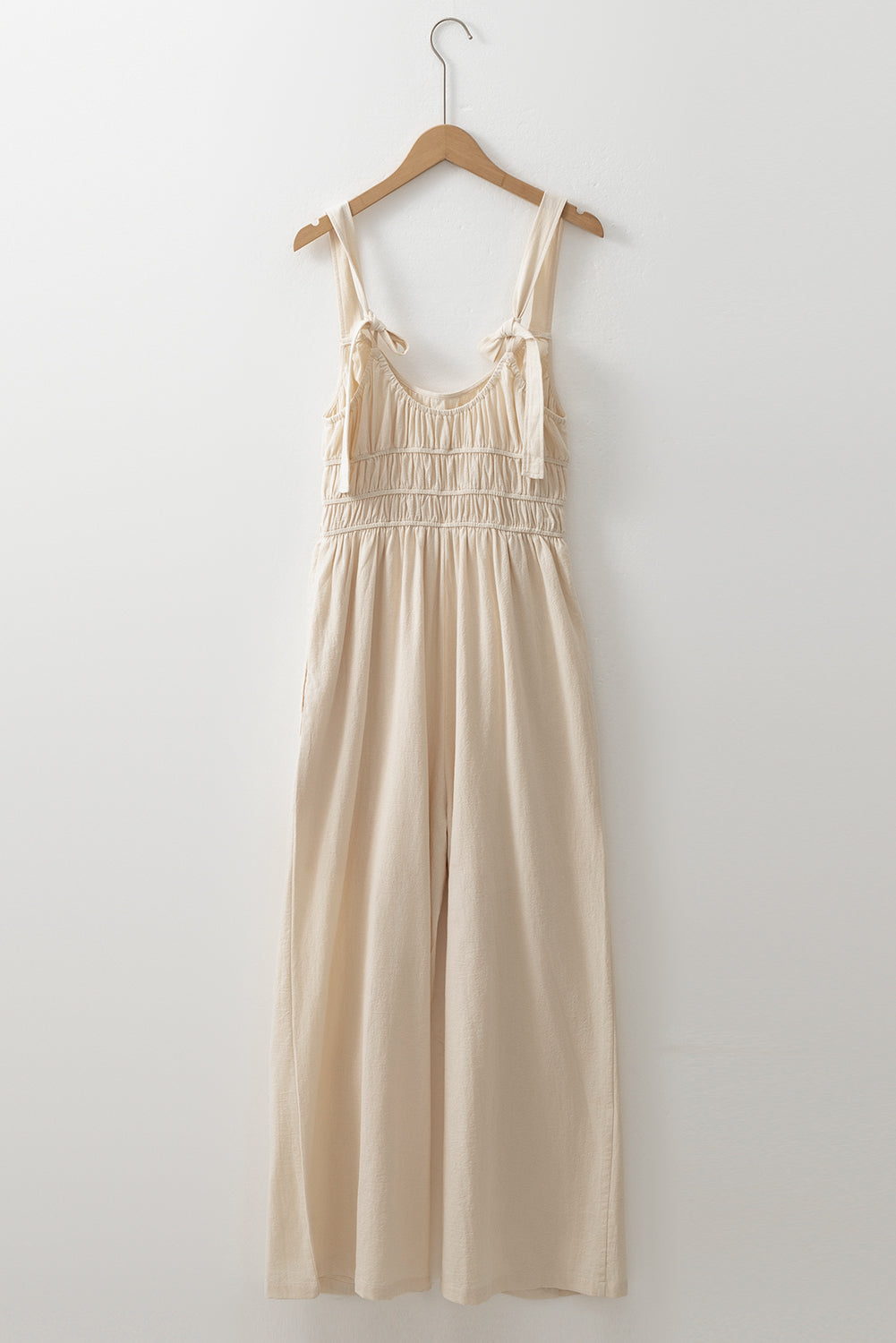 Beige Ruched High Waist Sleeveless Wide Leg Jumpsuit