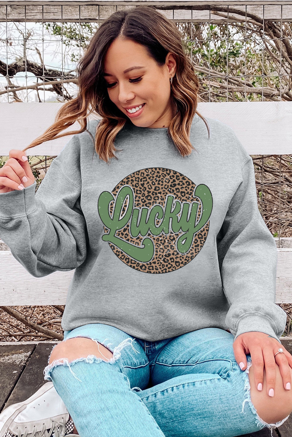 Gray Leopard Lucky Graphic Crewneck St Patrick Pullover Sweatshirt