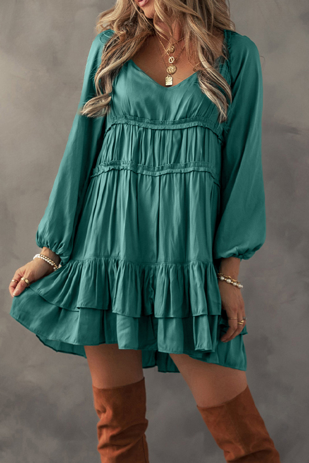 Mist Green Puff Sleeve Loose Fit Tiered Ruffle Mini Dress