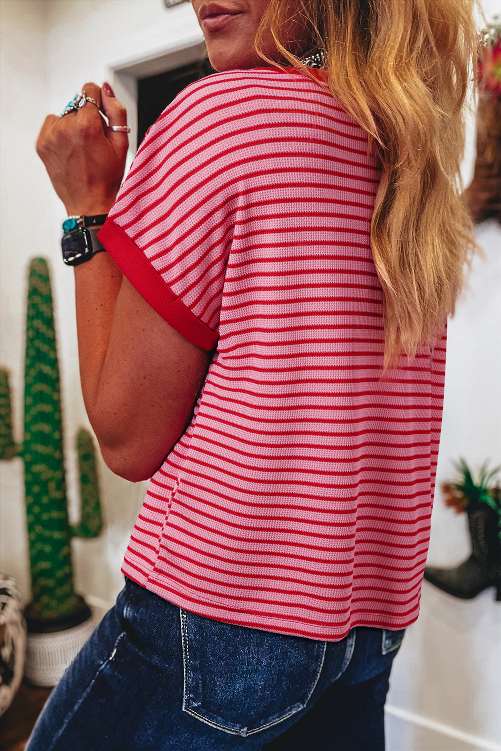 Pink Stripe Knitted Round Neck T Shirt