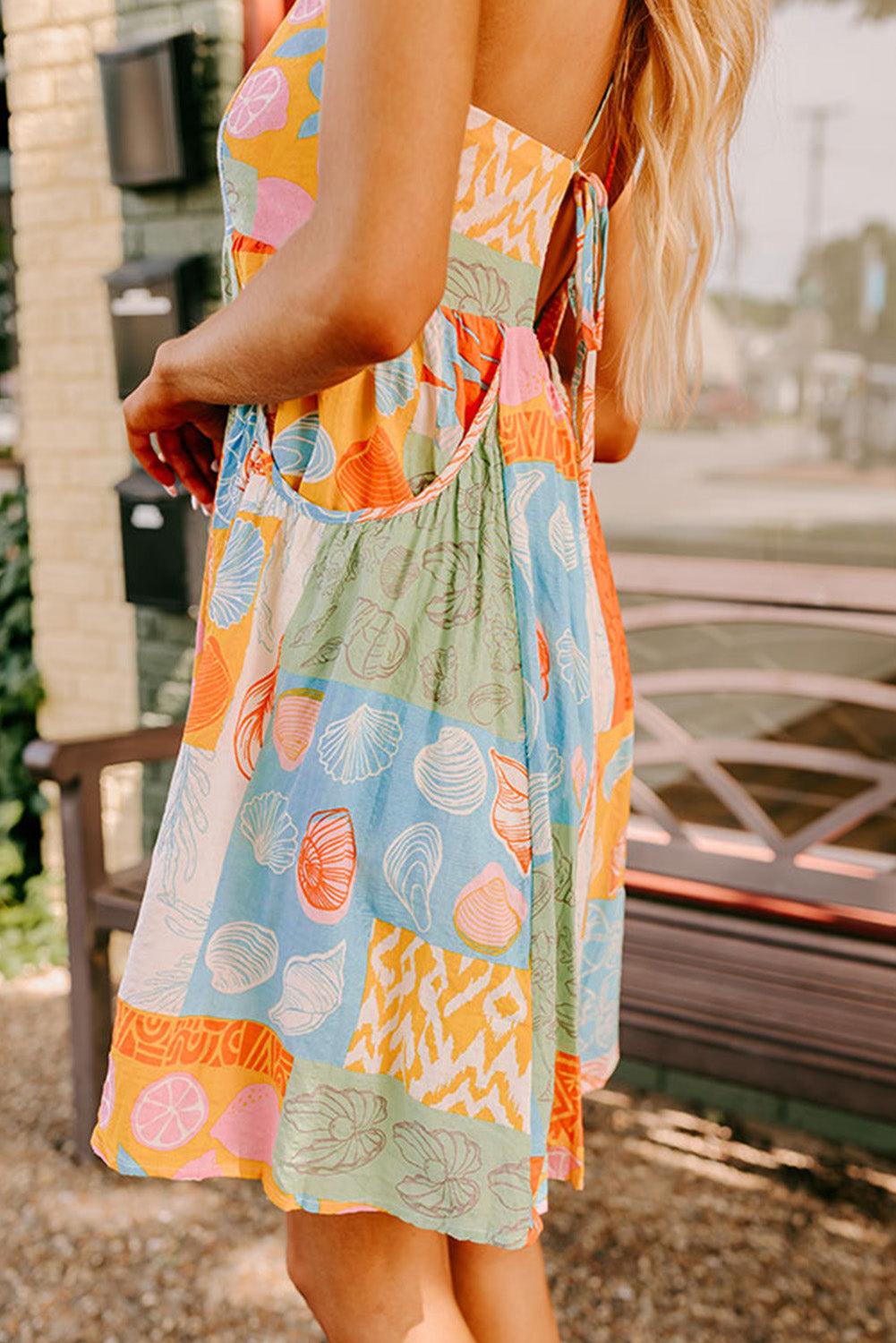 Orange Shell Print Patchwork Backless Flowy Dress