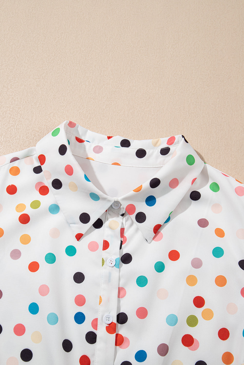 White Polka Dot Print Bubble Sleeve Button Up Plus Size Shirt Dress