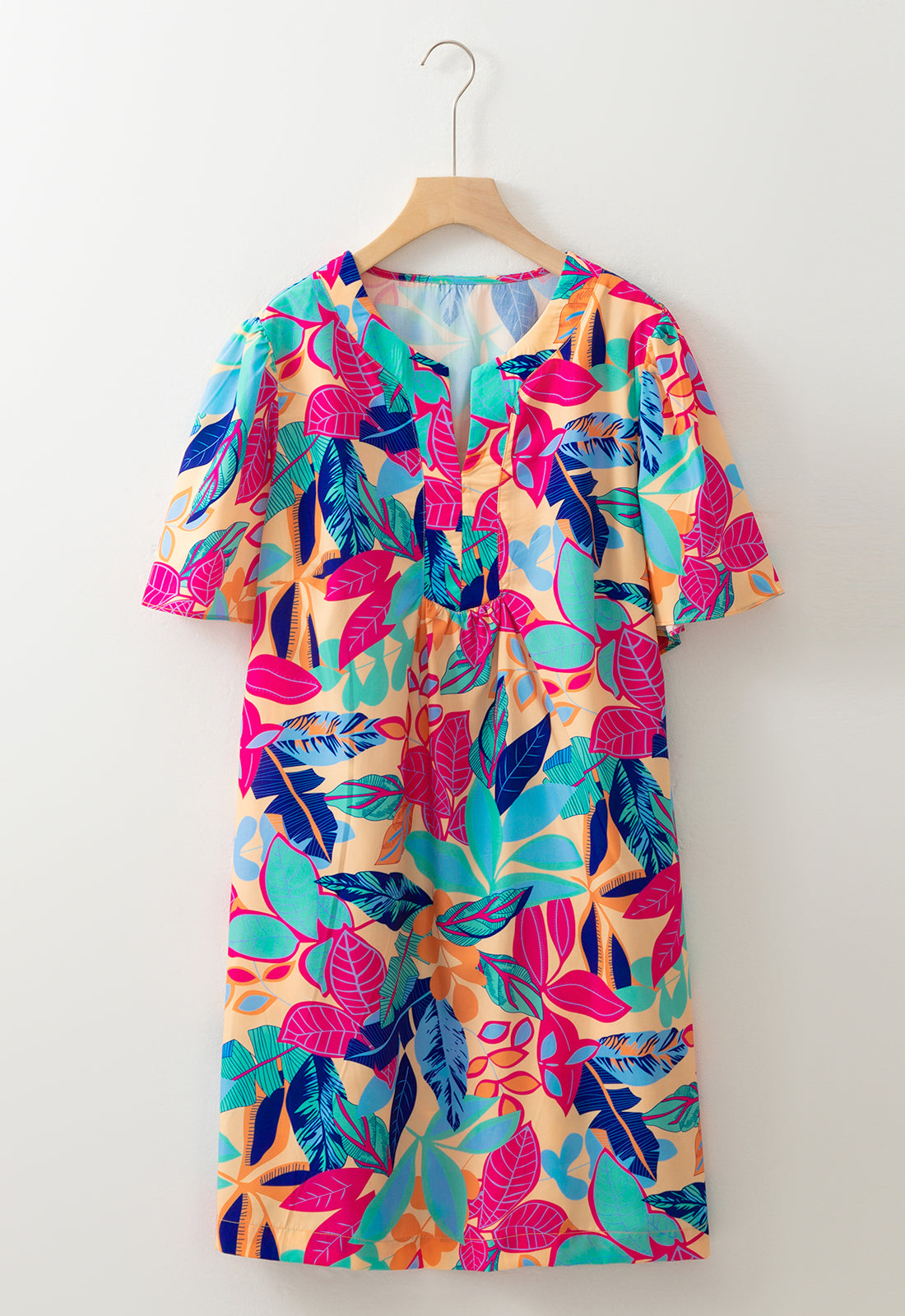 Multicolour Plus Size Leafy Print Split Neck Short Sleeve Shift Dress