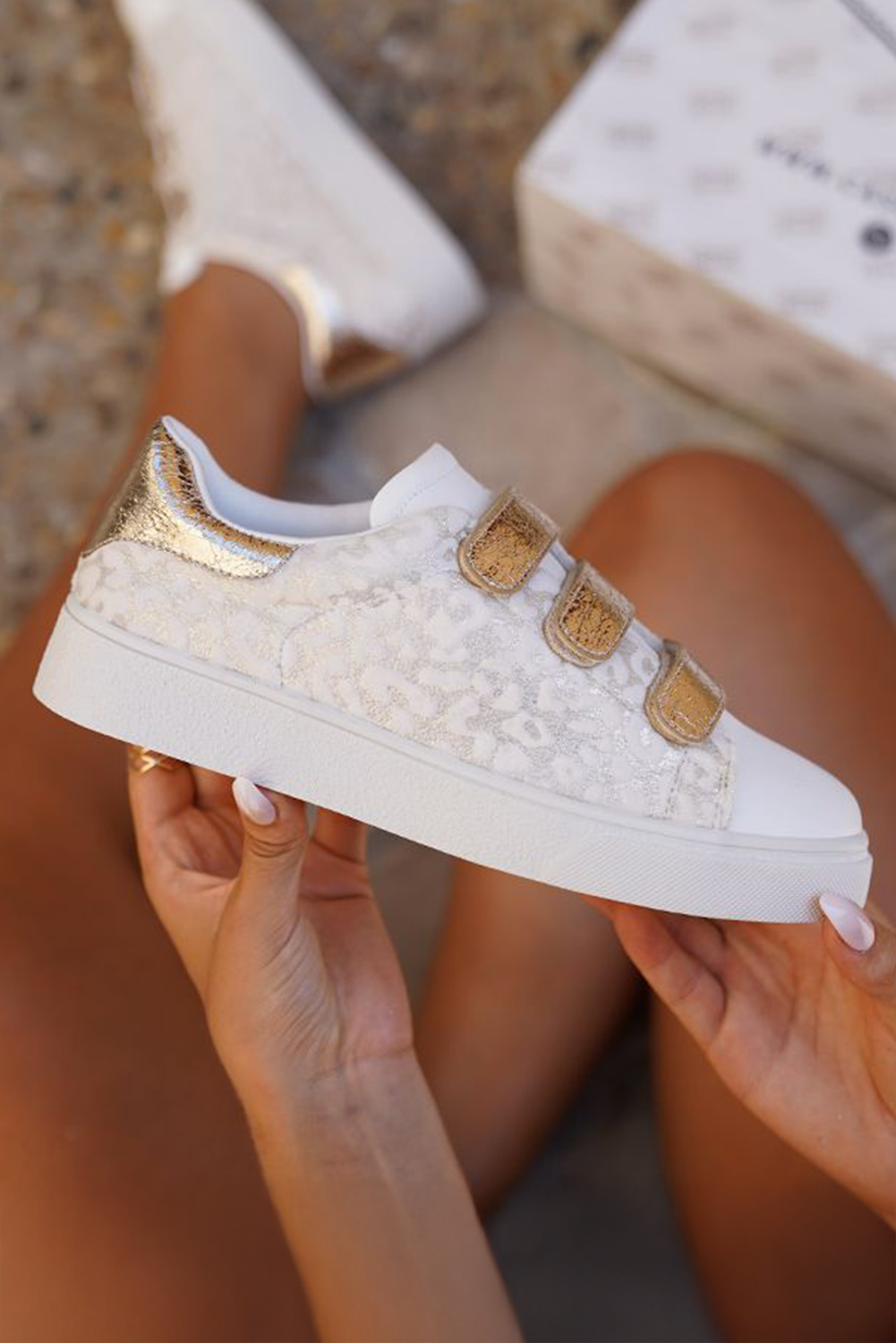 White Leopard Color Block Velcro Straps PU Leather Sneakers