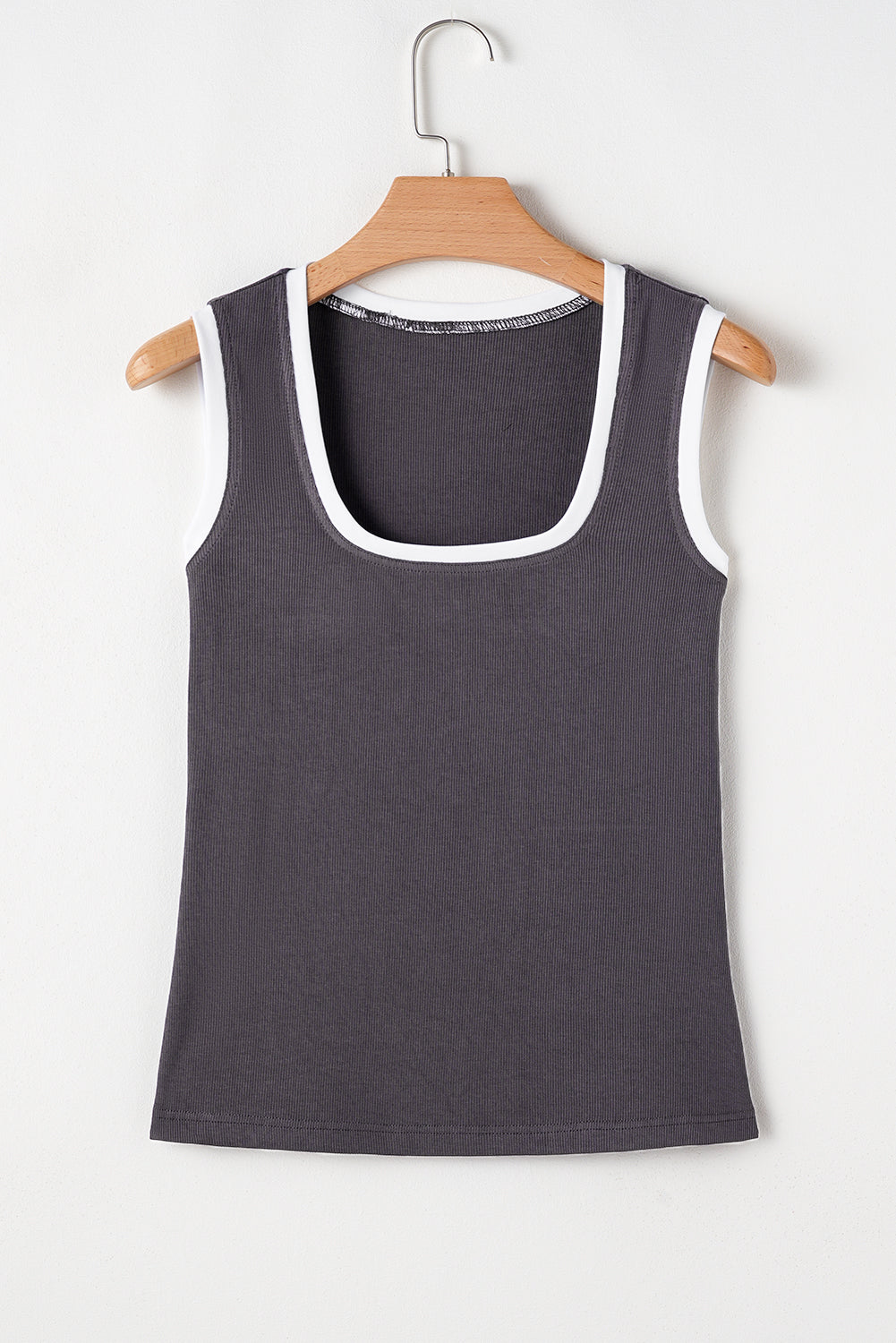 Carbon Grey Ribbed Knit Contrast Edge U Neck Slim Fit Tank Top