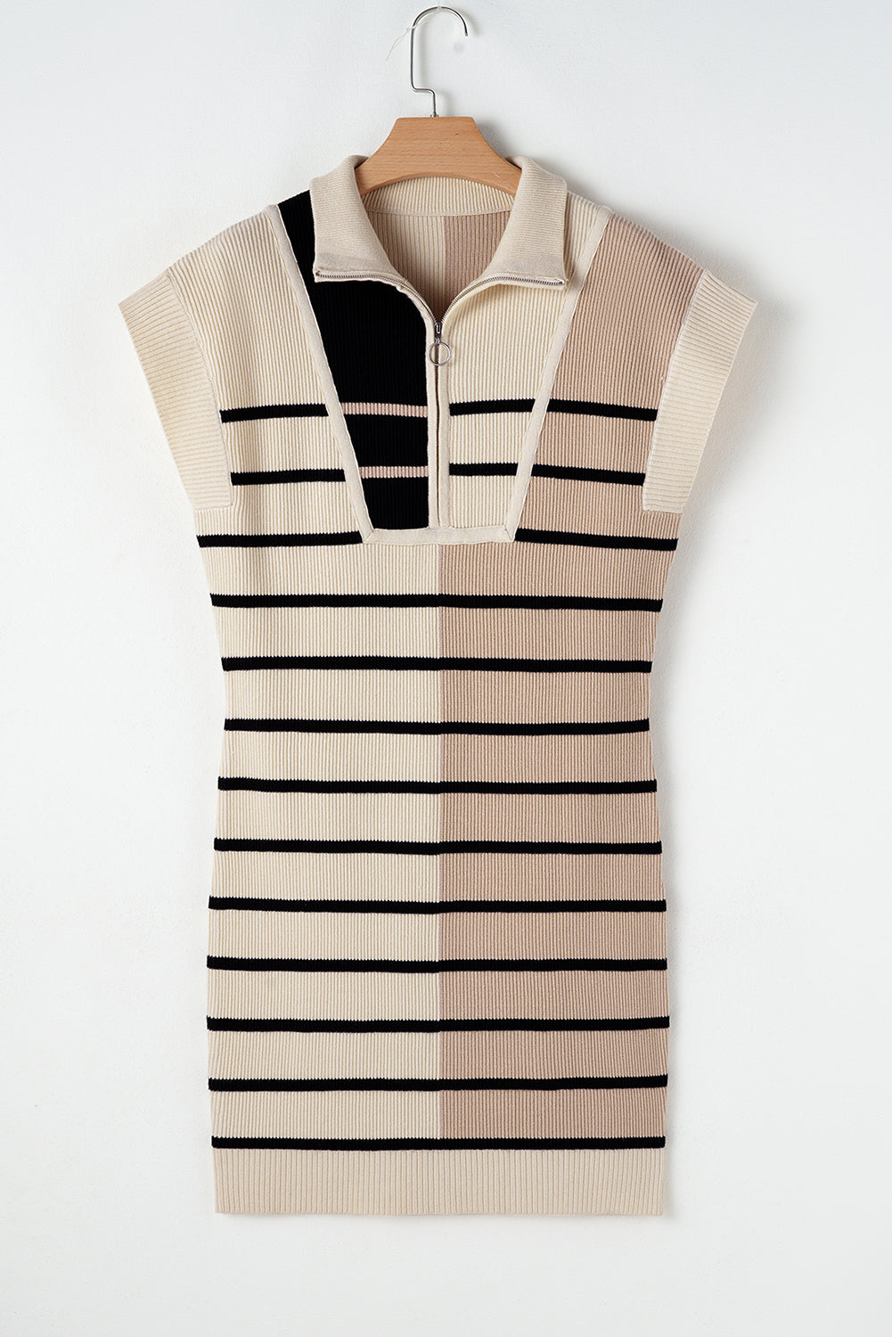 Khaki Stripe Color Block Short Sleeve Quarter Zip Mini Dress